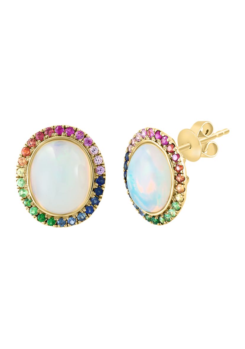 Ethiopian Opal, Sapphire, Yellow Sapphire, Pink Sapphire, Orange Sapphire, Tsavorite Button Earrings In 14k Yellow Gold 