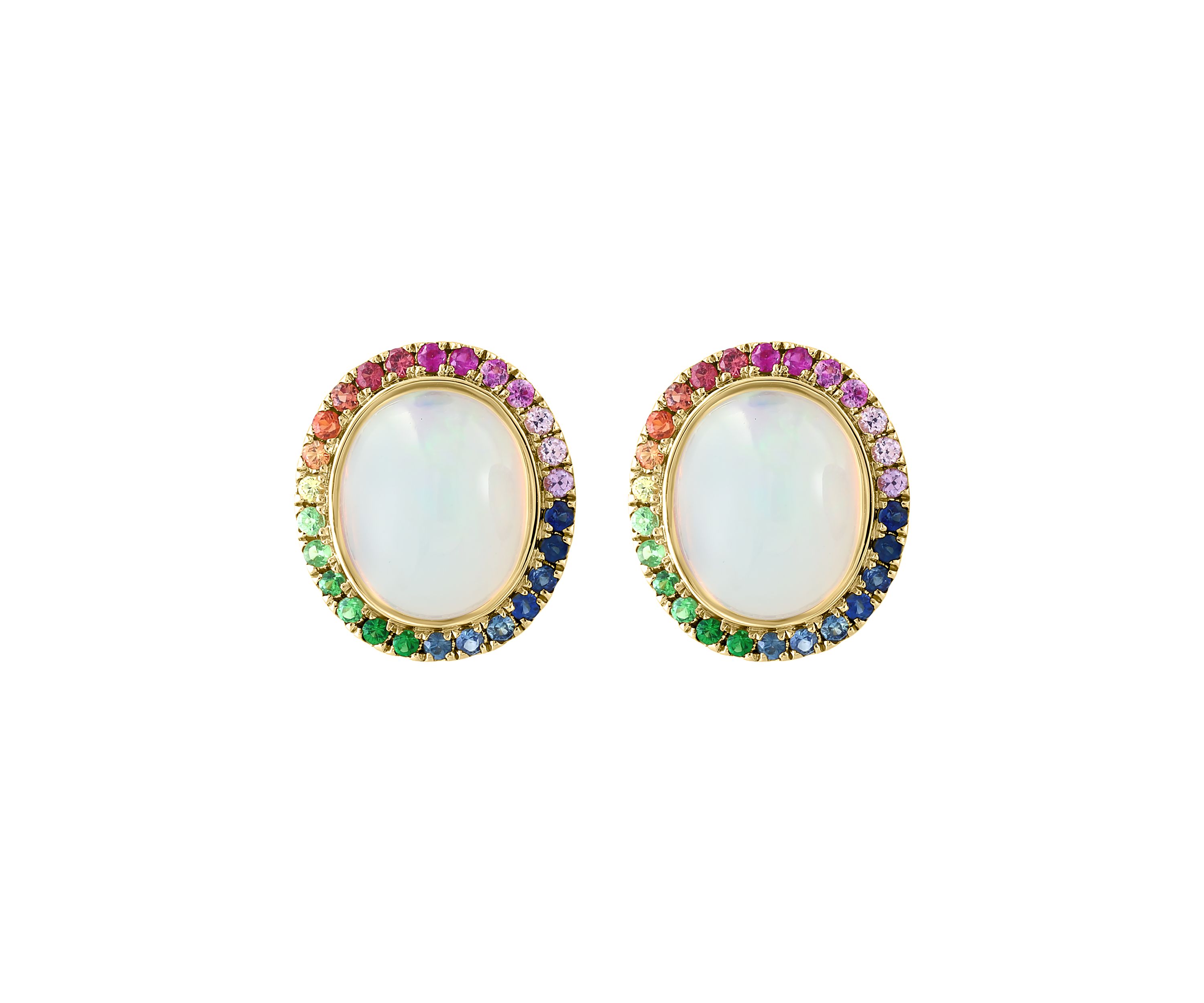 Ethiopian Opal, Sapphire, Yellow Sapphire, Pink Sapphire, Orange Sapphire, Tsavorite Button Earrings In 14k Yellow Gold 