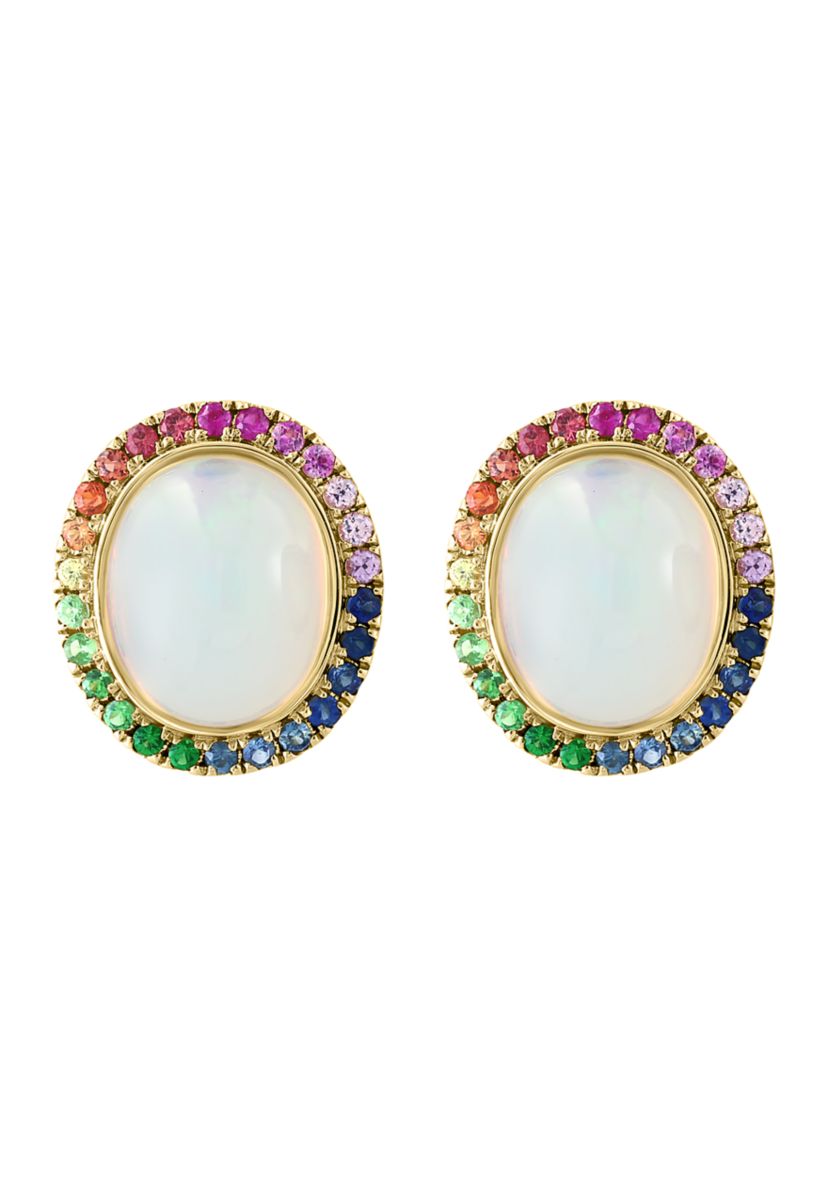 Ethiopian Opal, Sapphire, Yellow Sapphire, Pink Sapphire, Orange Sapphire, Tsavorite Button Earrings In 14k Yellow Gold 