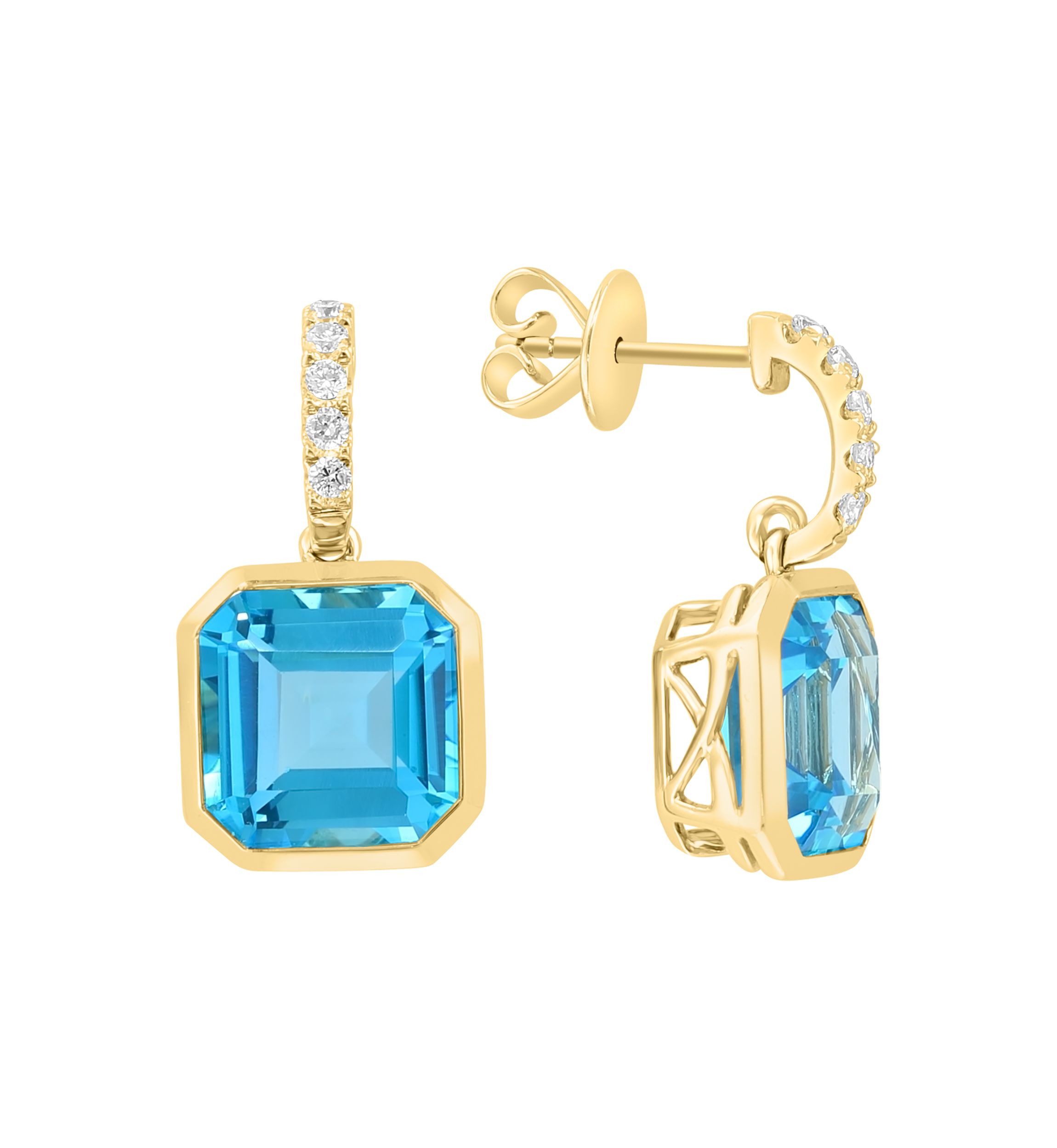 1/5 ct. t.w. Diamond, 12.1 ct. t.w. Blue Topaz Drop Earrings in 14K Yellow Gold