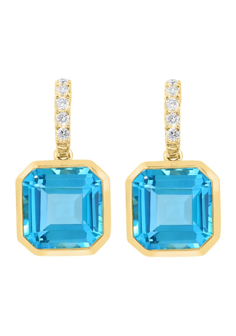 1/5 ct. t.w. Diamond, 12.1 ct. t.w. Blue Topaz Drop Earrings in 14K Yellow Gold