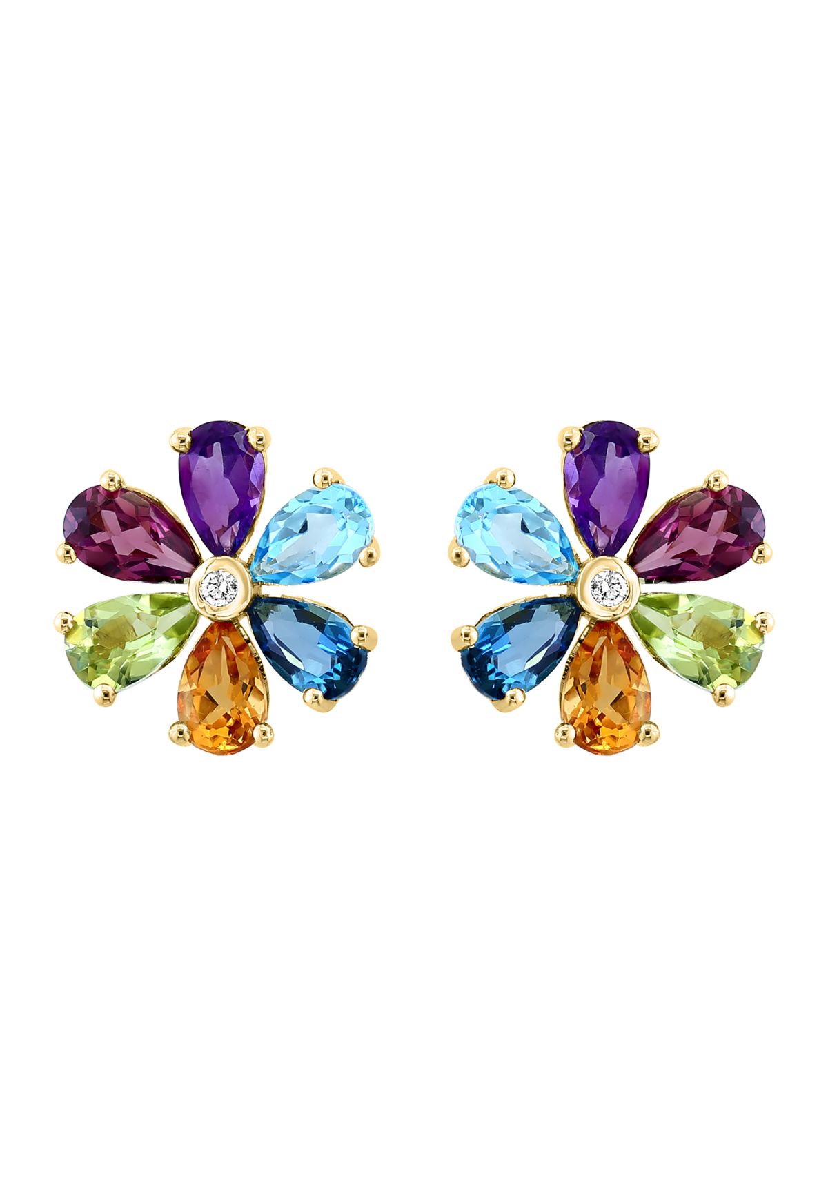 1/10 ct. t.w. Amethyst, 3/8 ct. t.w. Blue Topaz, Rhodolite, 3/4 ct. t.w. Peridot, 1/2 ct. t.w. London Blue Topaz, Citrine, Diamond Earrings in 14K Yellow Gold