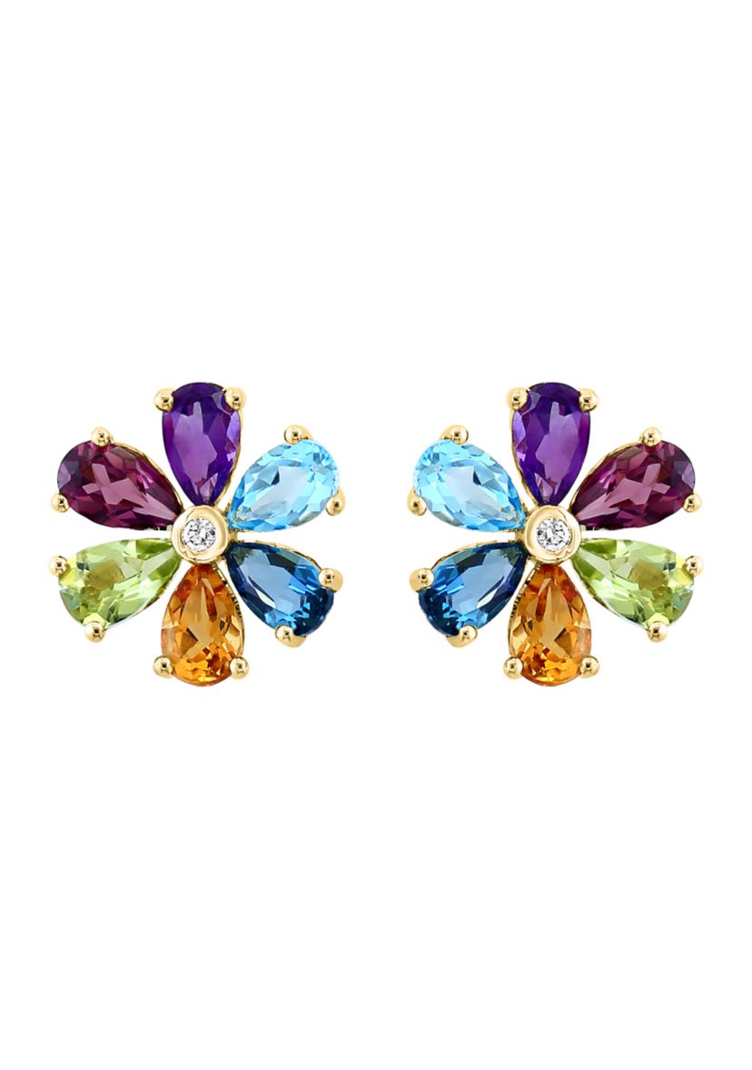 1/10 ct. t.w. Amethyst, 3/8 ct. t.w. Blue Topaz, Rhodolite, 3/4 ct. t.w. Peridot, 1/2 ct. t.w. London Blue Topaz, Citrine, Diamond Earrings in 14K Yellow Gold