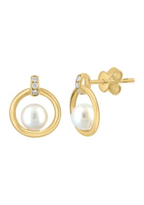 Effy 1/10 ct. t.w. Diamond, Freshwater Pearl Earrings in 14K Yellow Gold
