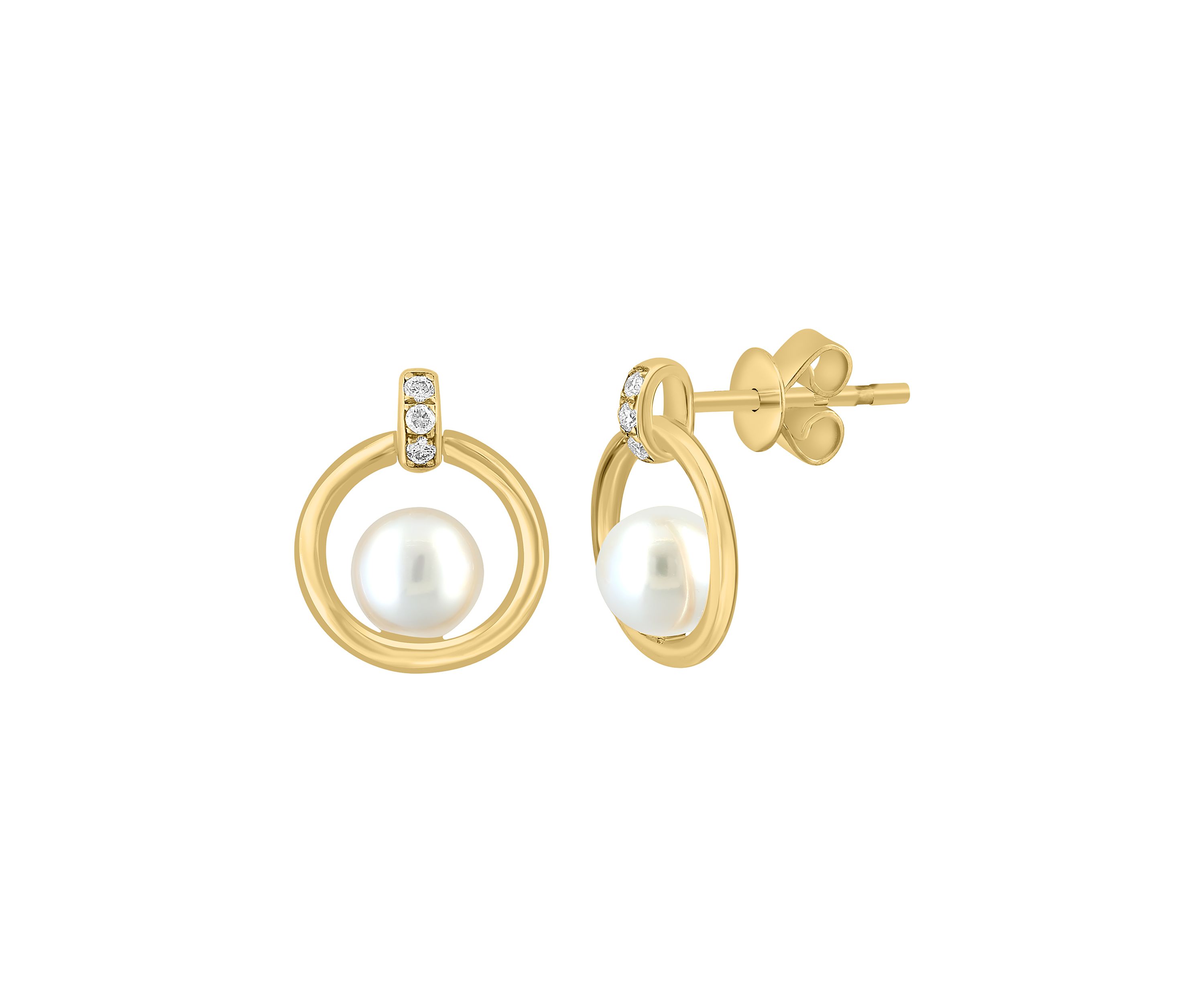 1/10 ct. t.w. Diamond, Freshwater Pearl Earrings in 14K Yellow Gold