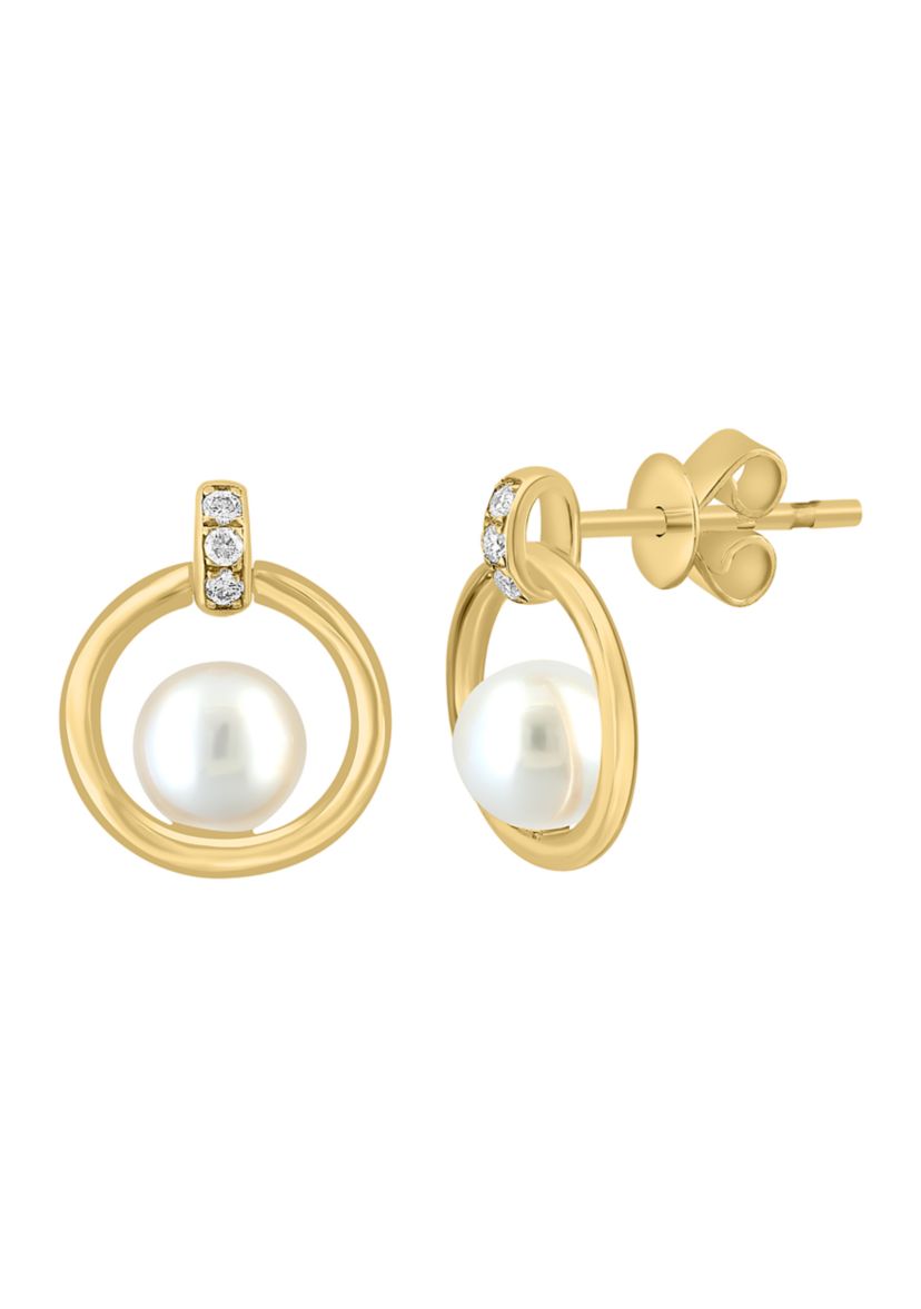 1/10 ct. t.w. Diamond, Freshwater Pearl Earrings in 14K Yellow Gold
