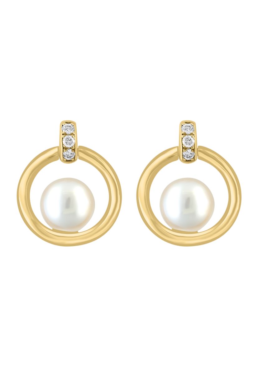 1/10 ct. t.w. Diamond, Freshwater Pearl Earrings in 14K Yellow Gold