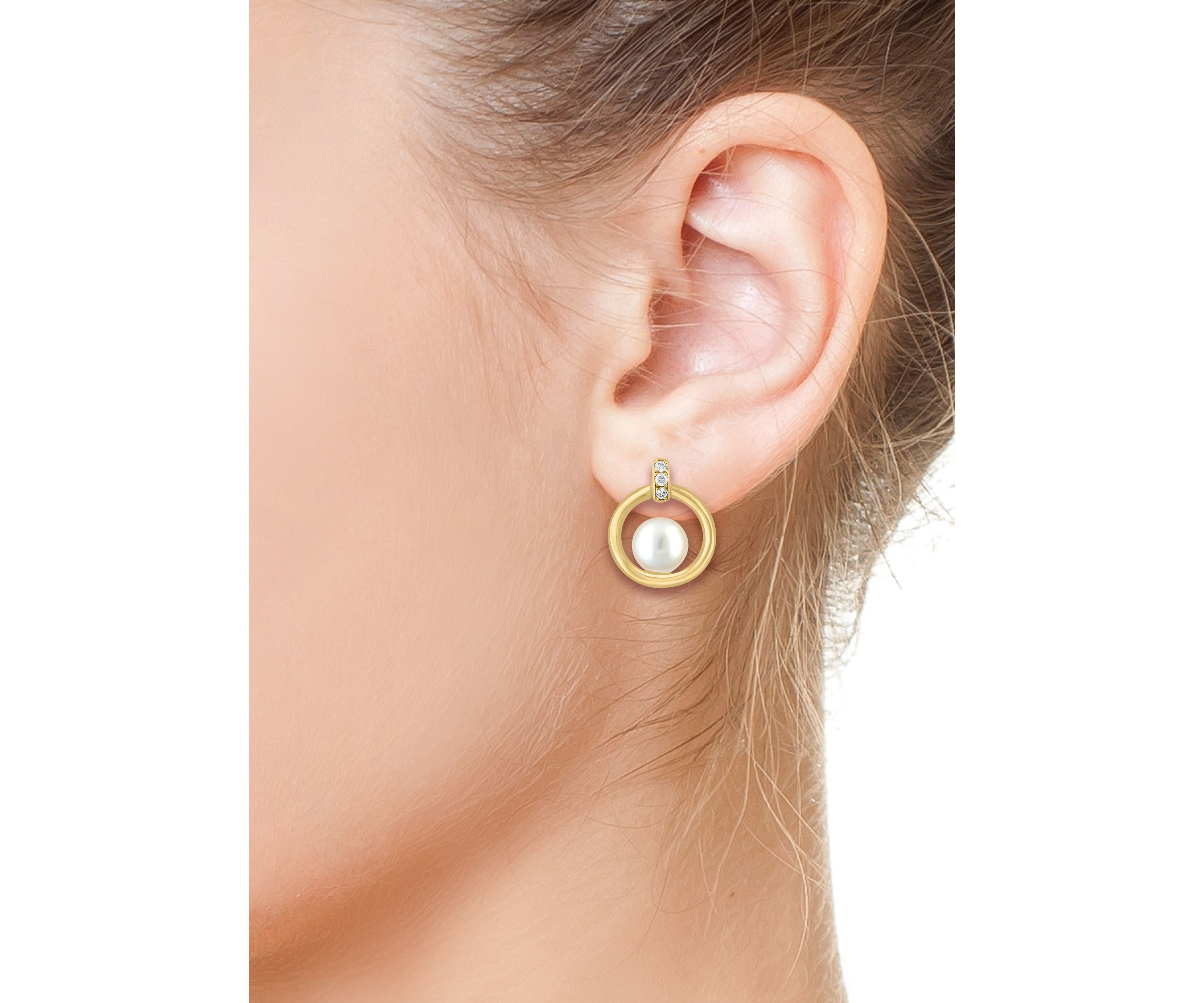 1/10 ct. t.w. Diamond, Freshwater Pearl Earrings in 14K Yellow Gold