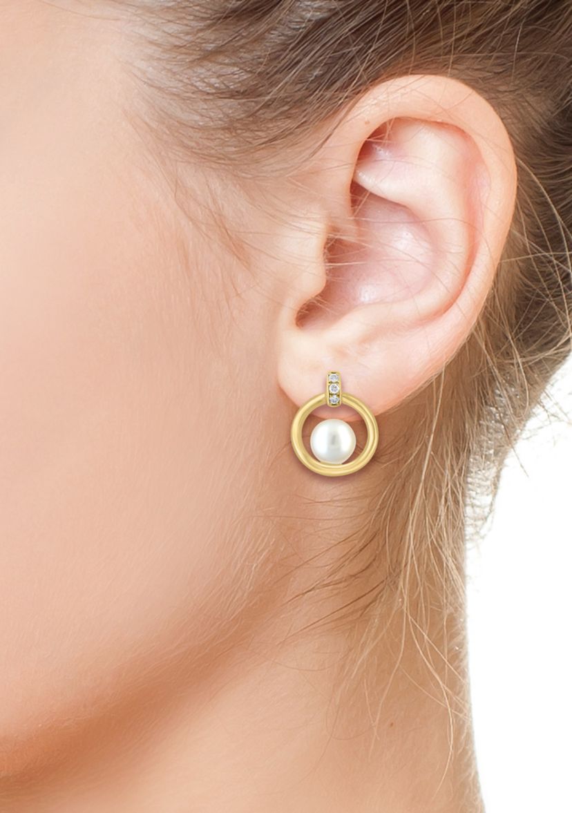 1/10 ct. t.w. Diamond, Freshwater Pearl Earrings in 14K Yellow Gold