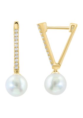 Effy 14K Yellow Gold Diamond, Freshwater Pearl Earrings