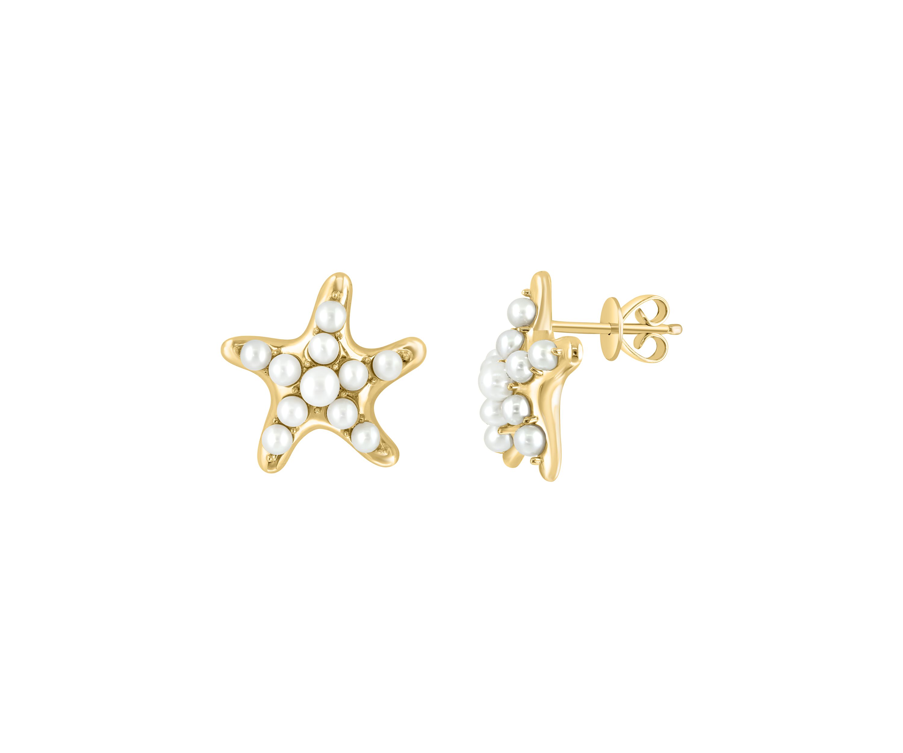 Freshwater Pearl Starfish Button Earrings in 14K Yellow Gold