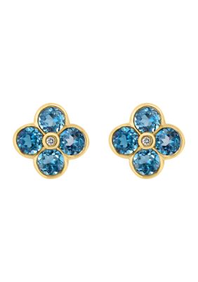 Effy Diamond And London Blue Topaz Flower Stud Earrings In 14K Yellow Gold
