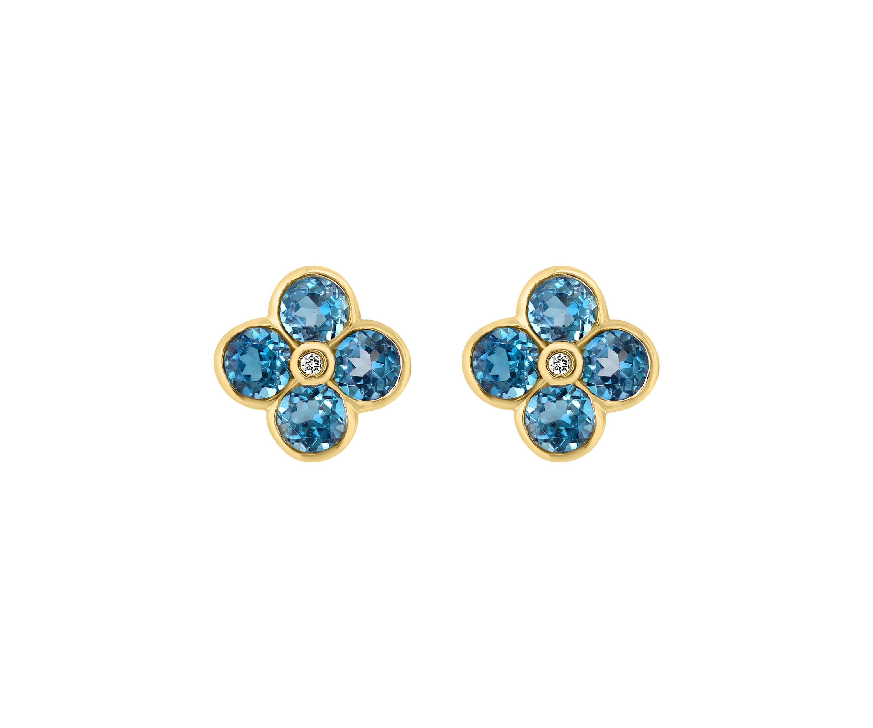 Diamond and London Blue Topaz Flower Stud Earrings in 14K Yellow Gold