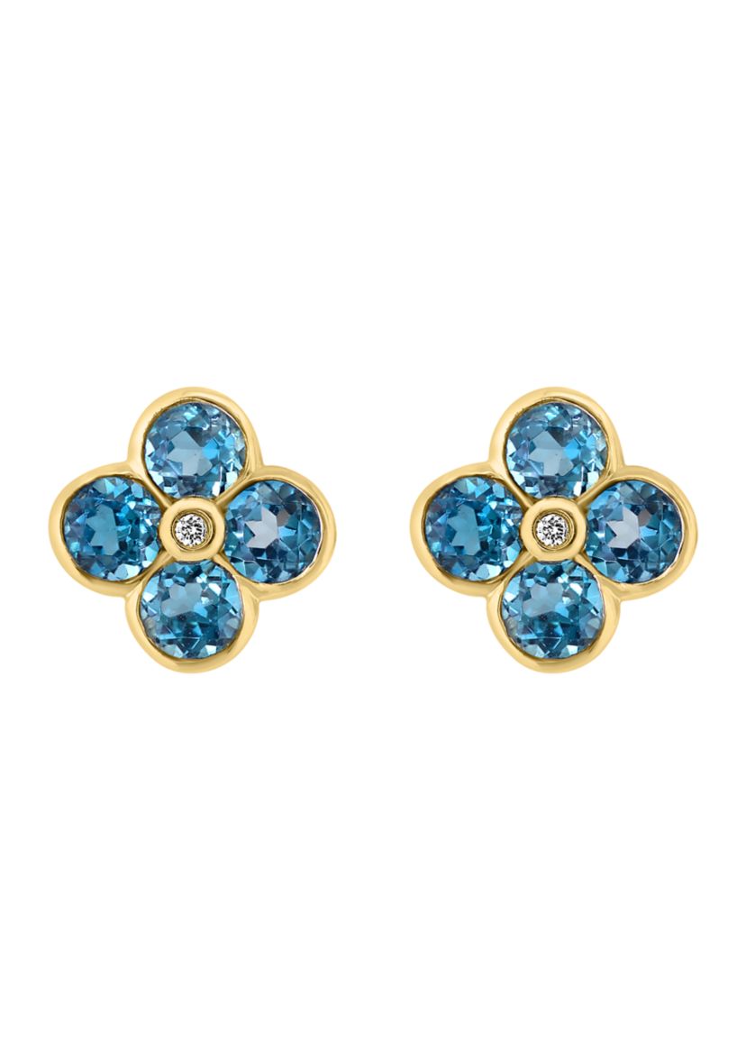 Diamond and London Blue Topaz Flower Stud Earrings in 14K Yellow Gold