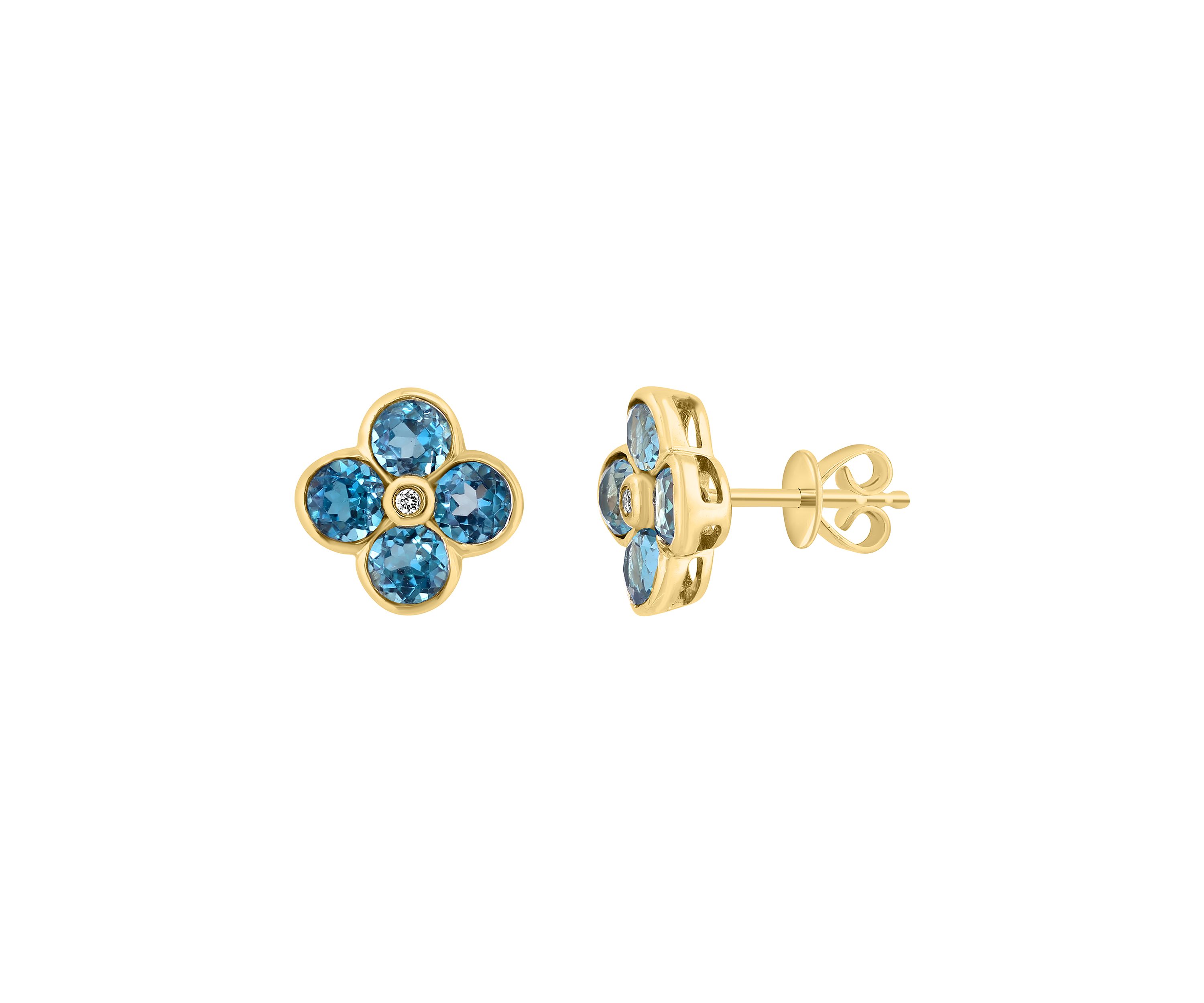Diamond and London Blue Topaz Flower Stud Earrings in 14K Yellow Gold