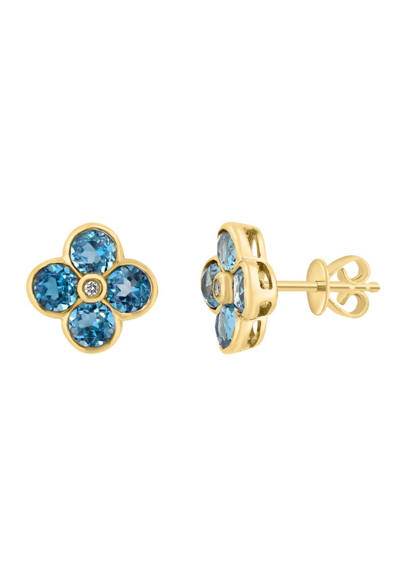 Diamond and London Blue Topaz Flower Stud Earrings in 14K Yellow Gold