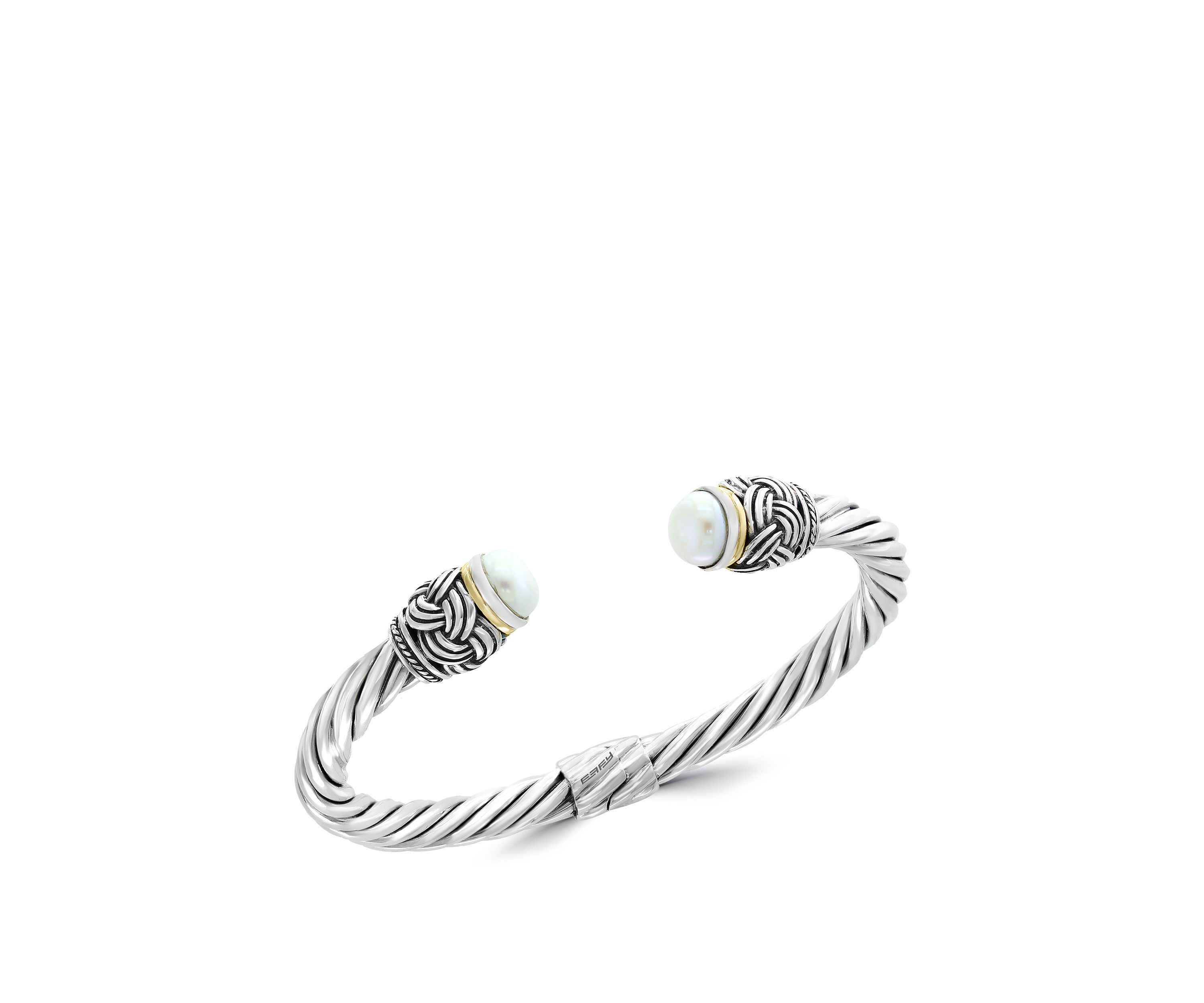 Freshwater Pearls Open Cuff Bracelet in Sterling Silver and 18K Yellow Gold