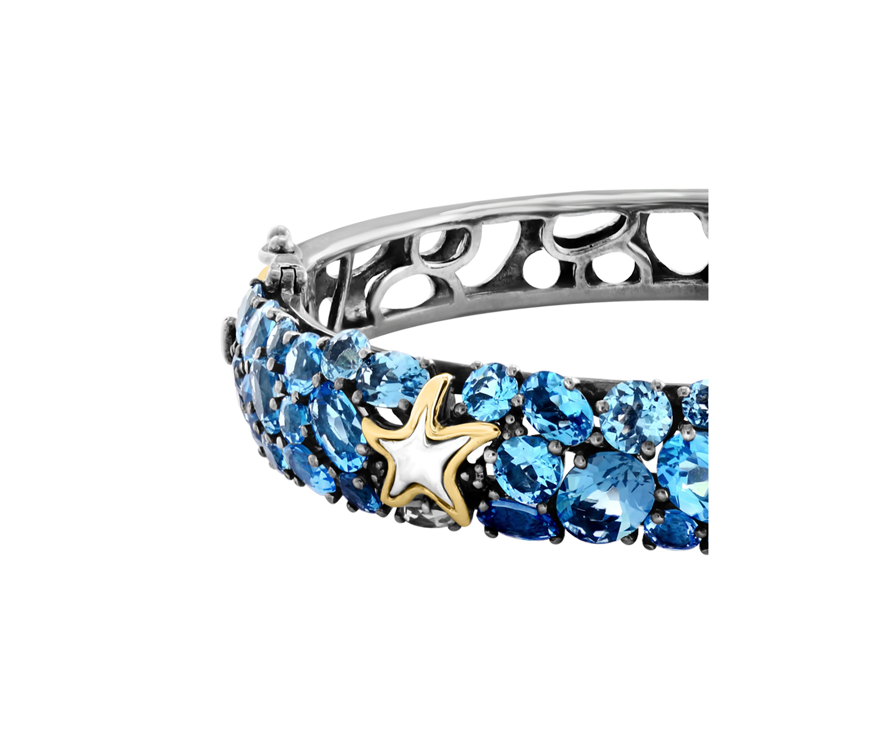 Blue Topaz, London Blue Topaz, and Sapphire Starfish Bangle Bracelet in 18K Sterling Silver