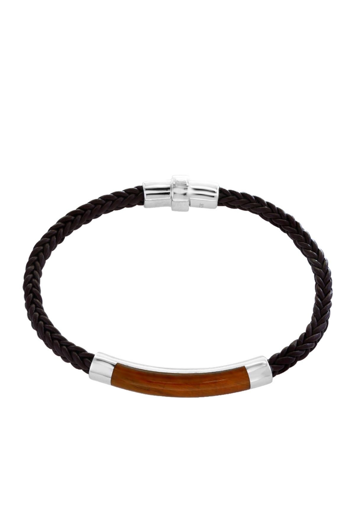 Mens Sterling Silver Tiger Eye and Braided Leather Bracelet