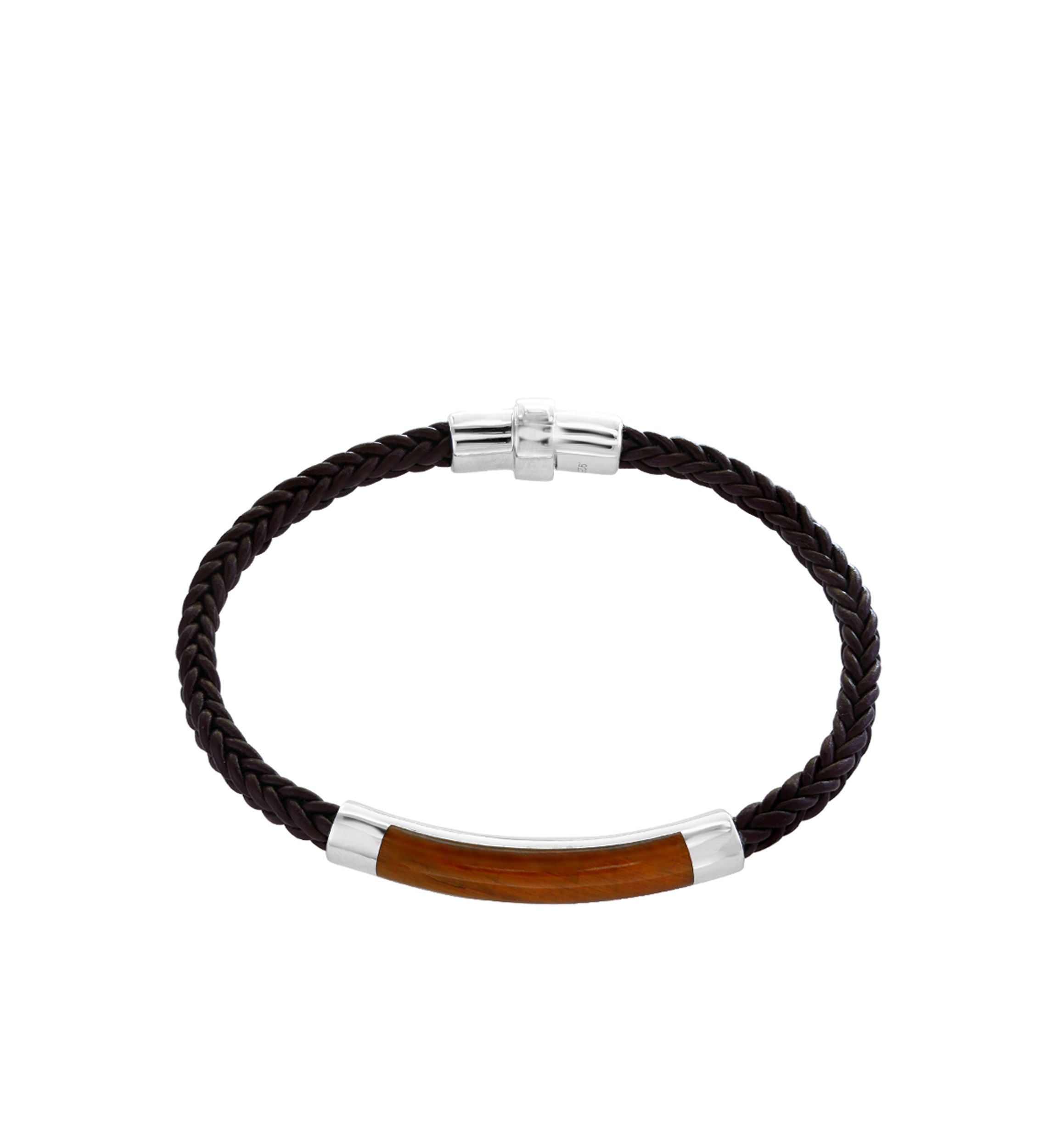 Mens Sterling Silver Tiger Eye and Braided Leather Bracelet