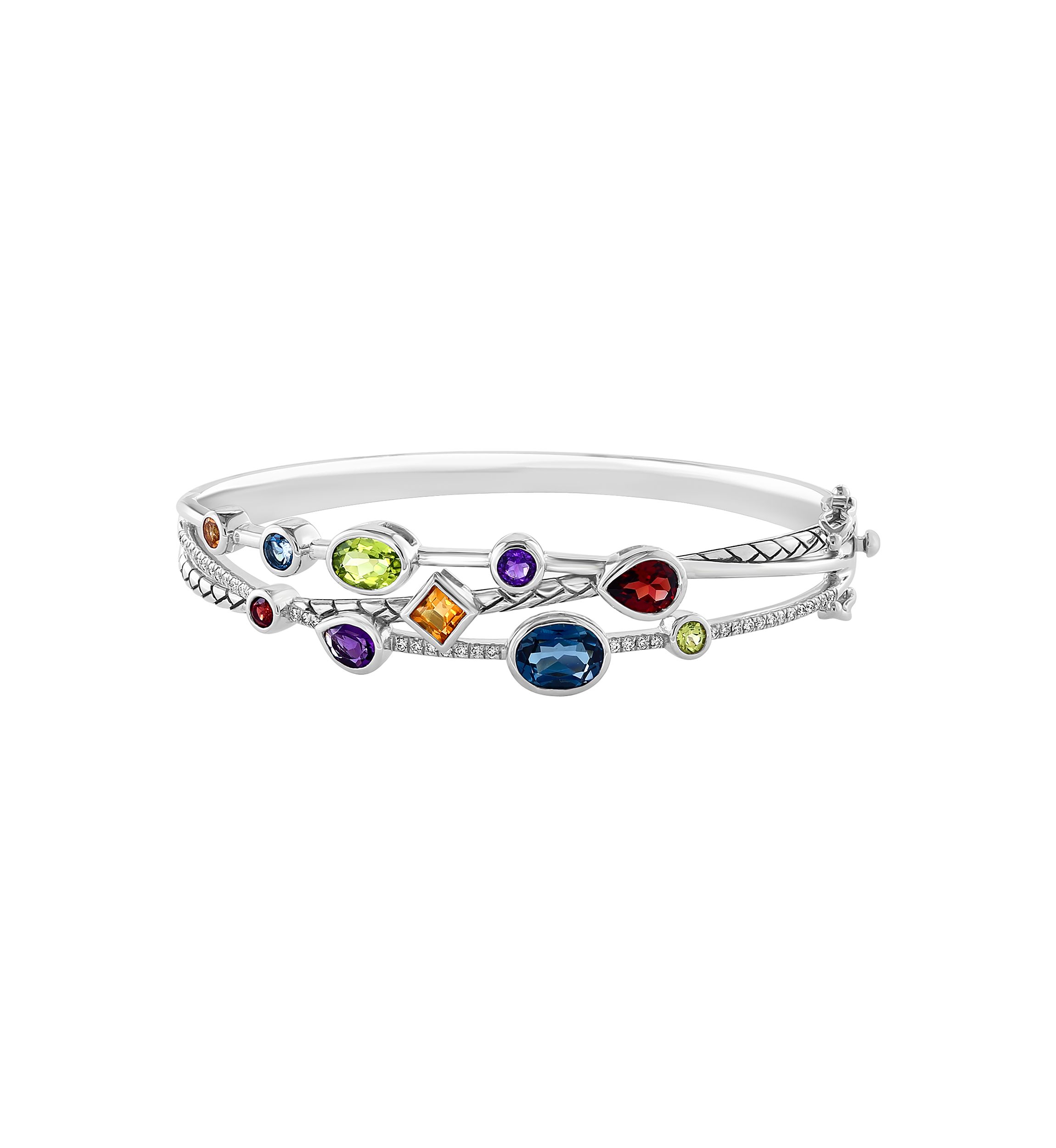 1/4 ct. t.w. Diamond, Amethyst, London Blue Topaz, Citrine, Garnet and Peridot Bangle Bracelet in 925 Sterling Silver