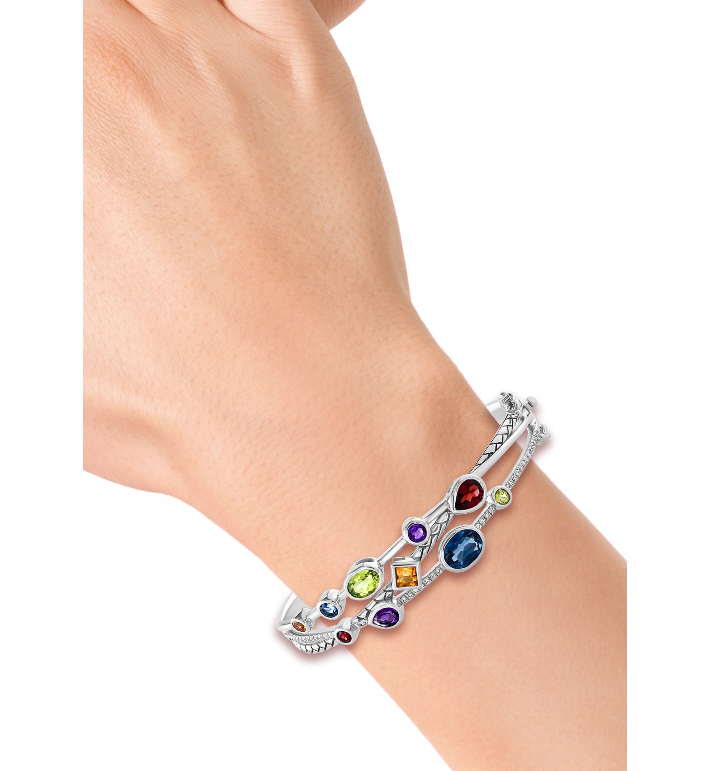 1/4 ct. t.w. Diamond, Amethyst, London Blue Topaz, Citrine, Garnet and Peridot Bangle Bracelet in 925 Sterling Silver