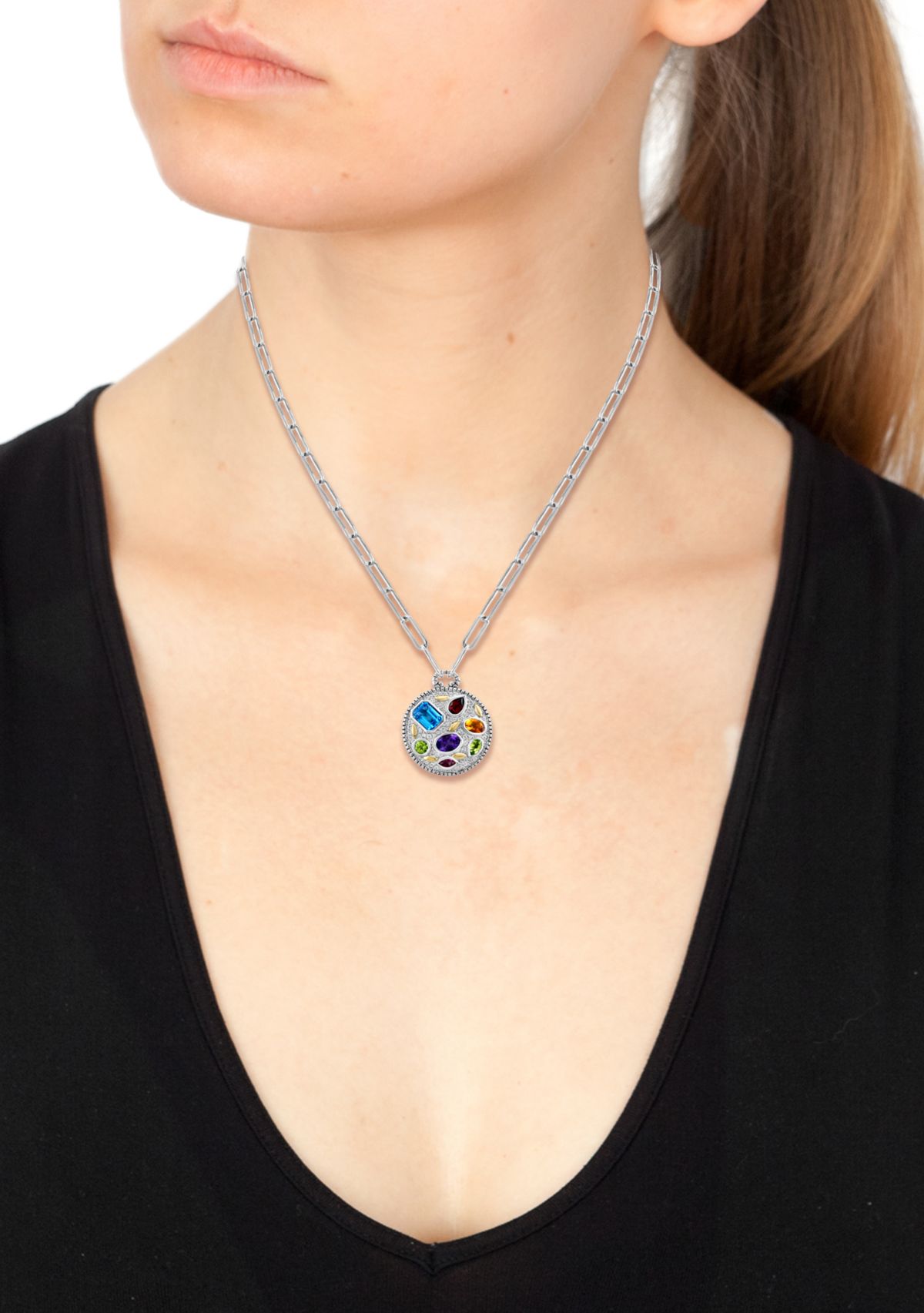 Amethyst, Blue Topaz, White Topaz, Citrine, Garnet, Pink Tourmaline, and Peridot Necklace in Sterling Silver