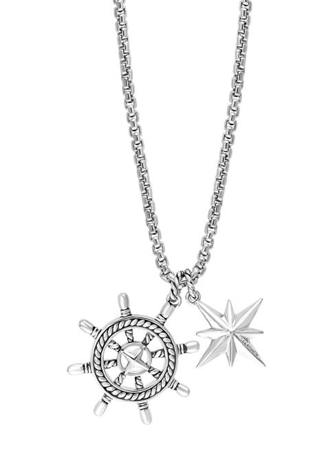 Mens Star and Wheel Pendant Necklace in Sterling Silver 