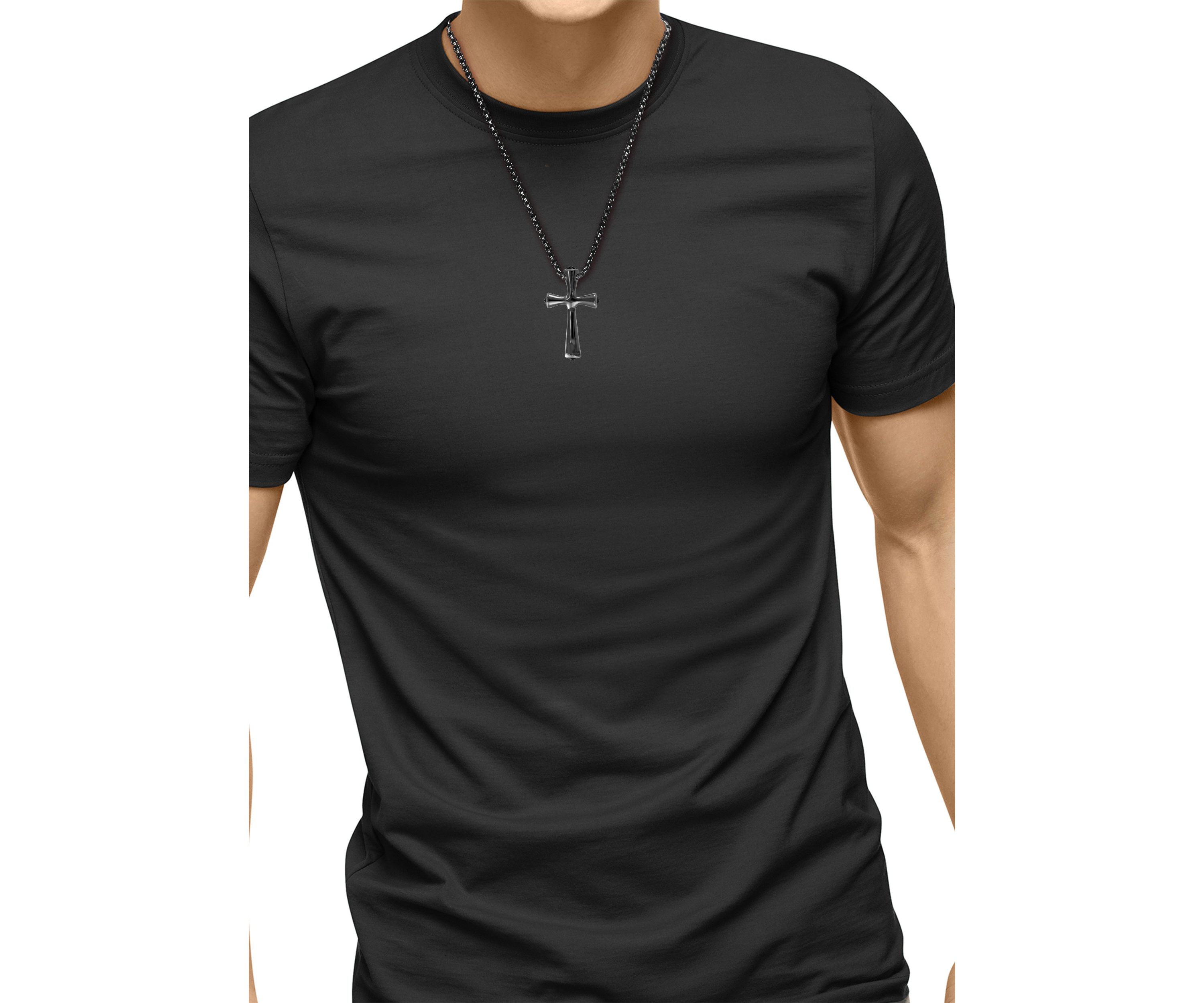 Mens Onyx Cross Pendant Necklace in Sterling Silver 