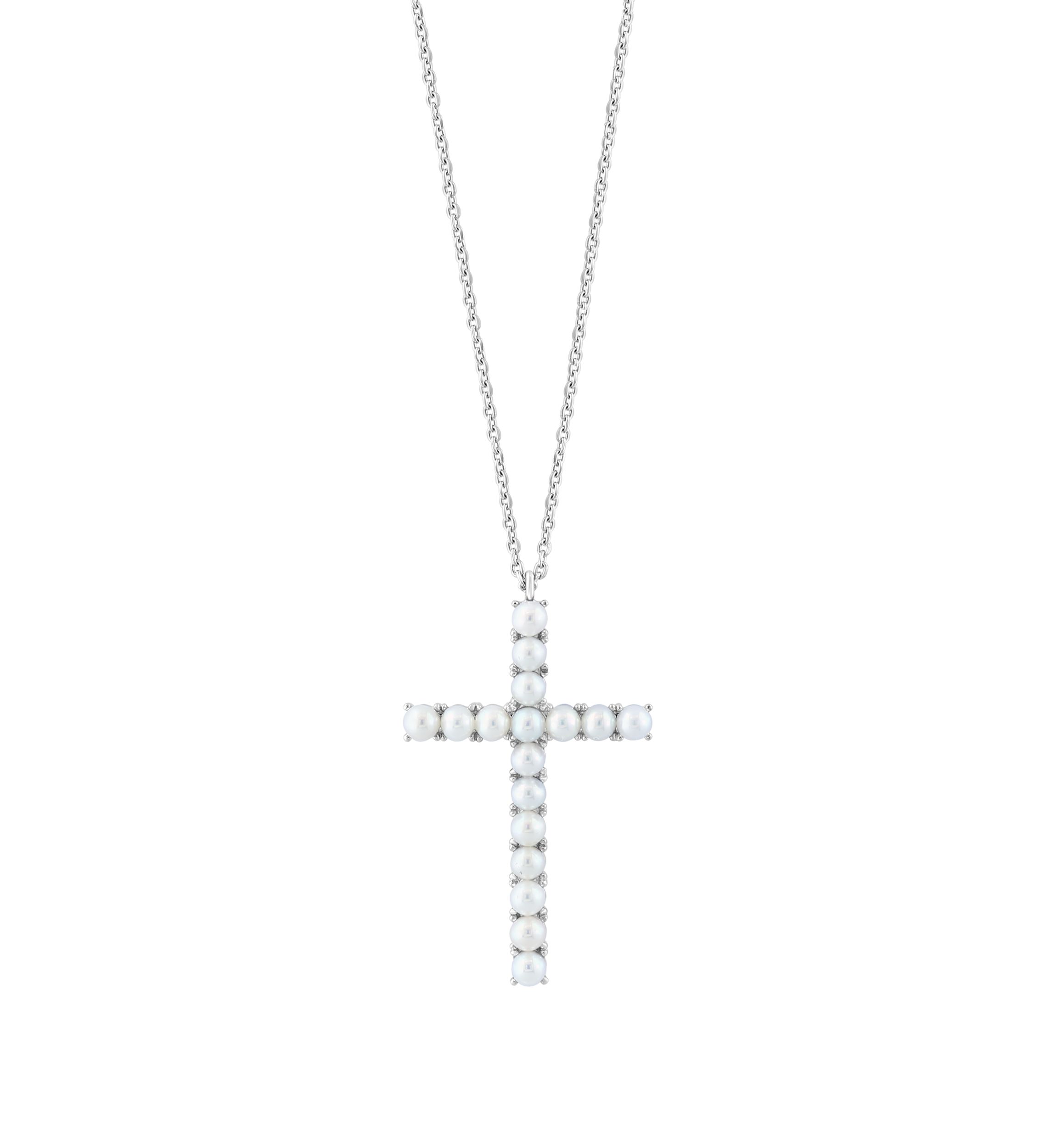 Freshwater Pearl Cross Pendant Necklace in Sterling Silver 