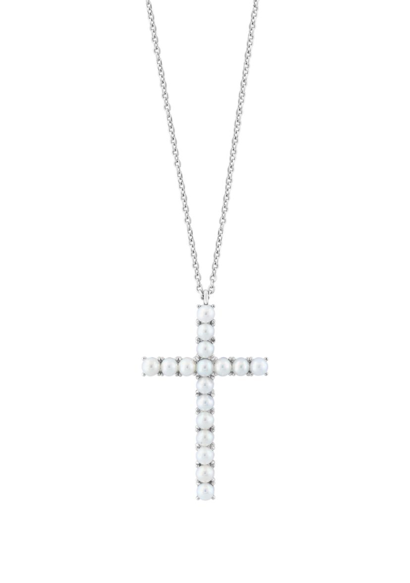 Freshwater Pearl Cross Pendant Necklace in Sterling Silver 
