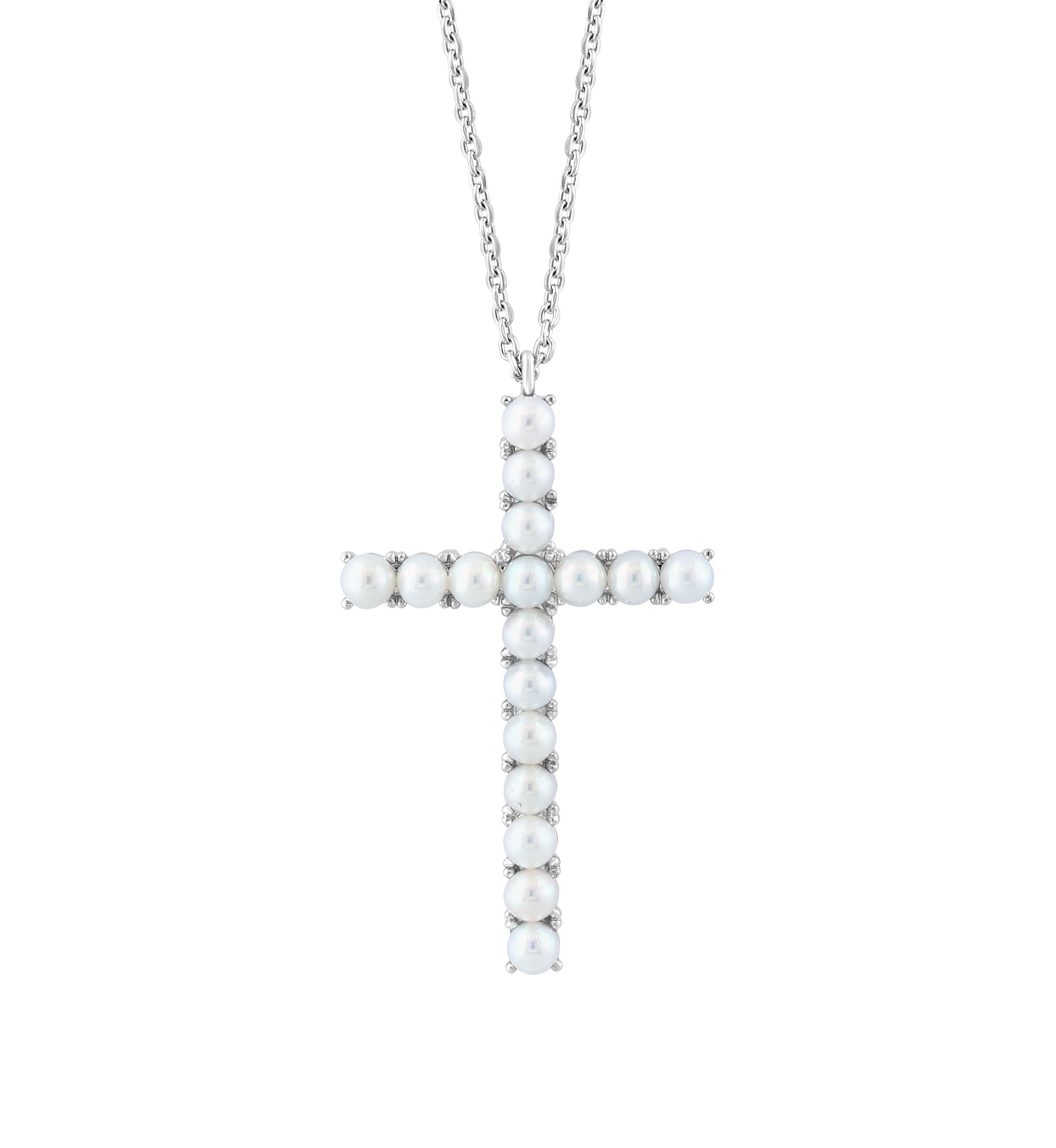 Freshwater Pearl Cross Pendant Necklace in Sterling Silver 