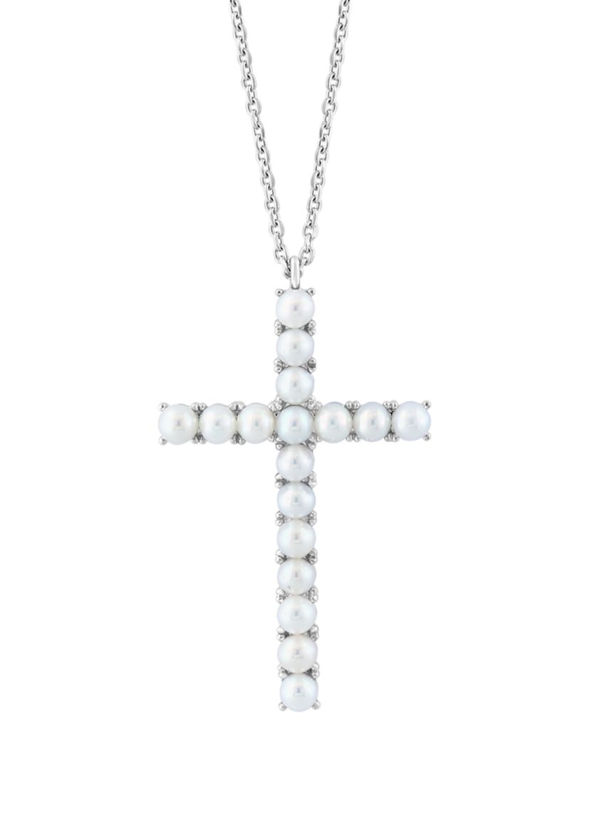 Freshwater Pearl Cross Pendant Necklace in Sterling Silver 