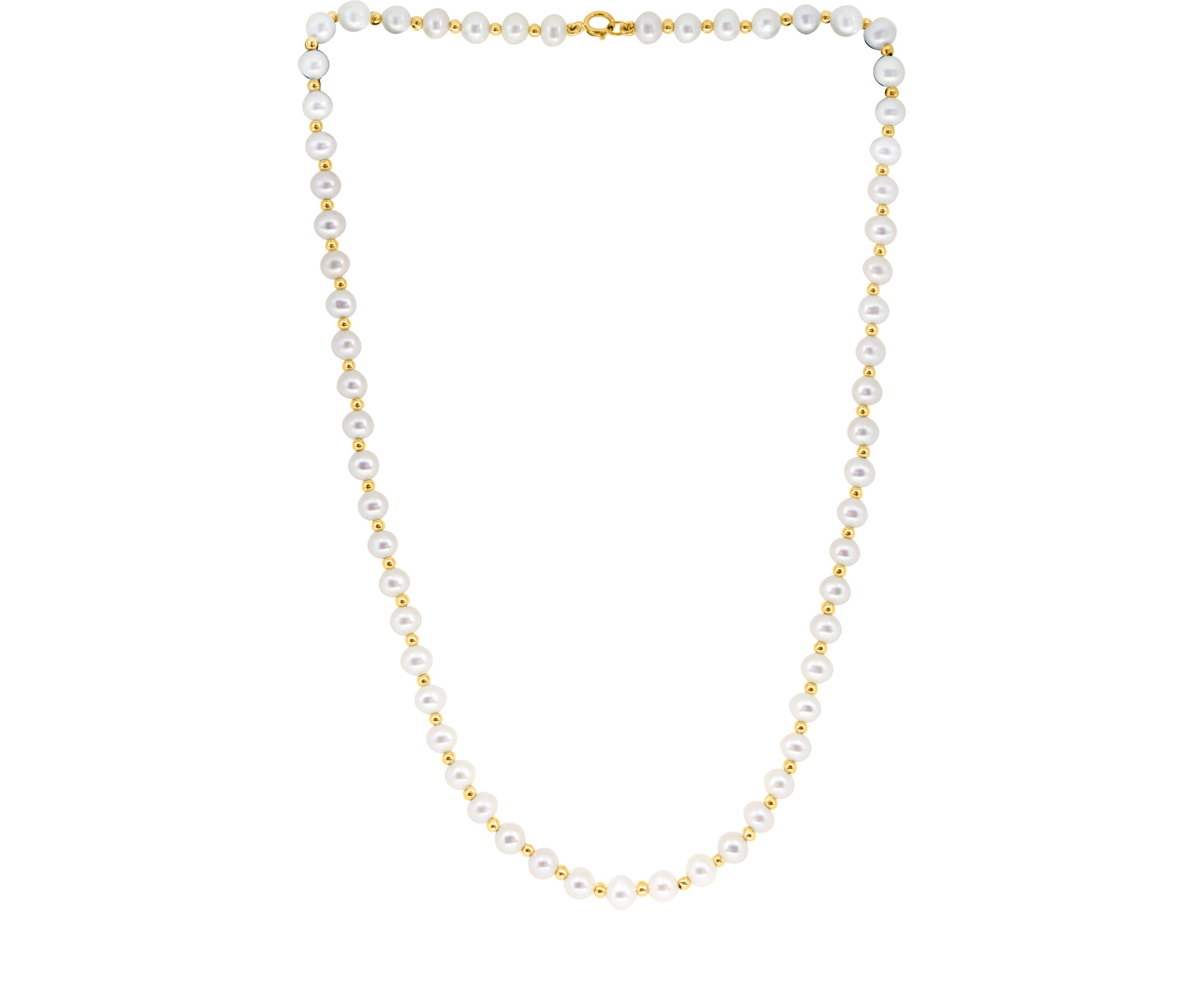 Freshwater Pearl and Gold Bead Necklace in 14K Yellow Gold