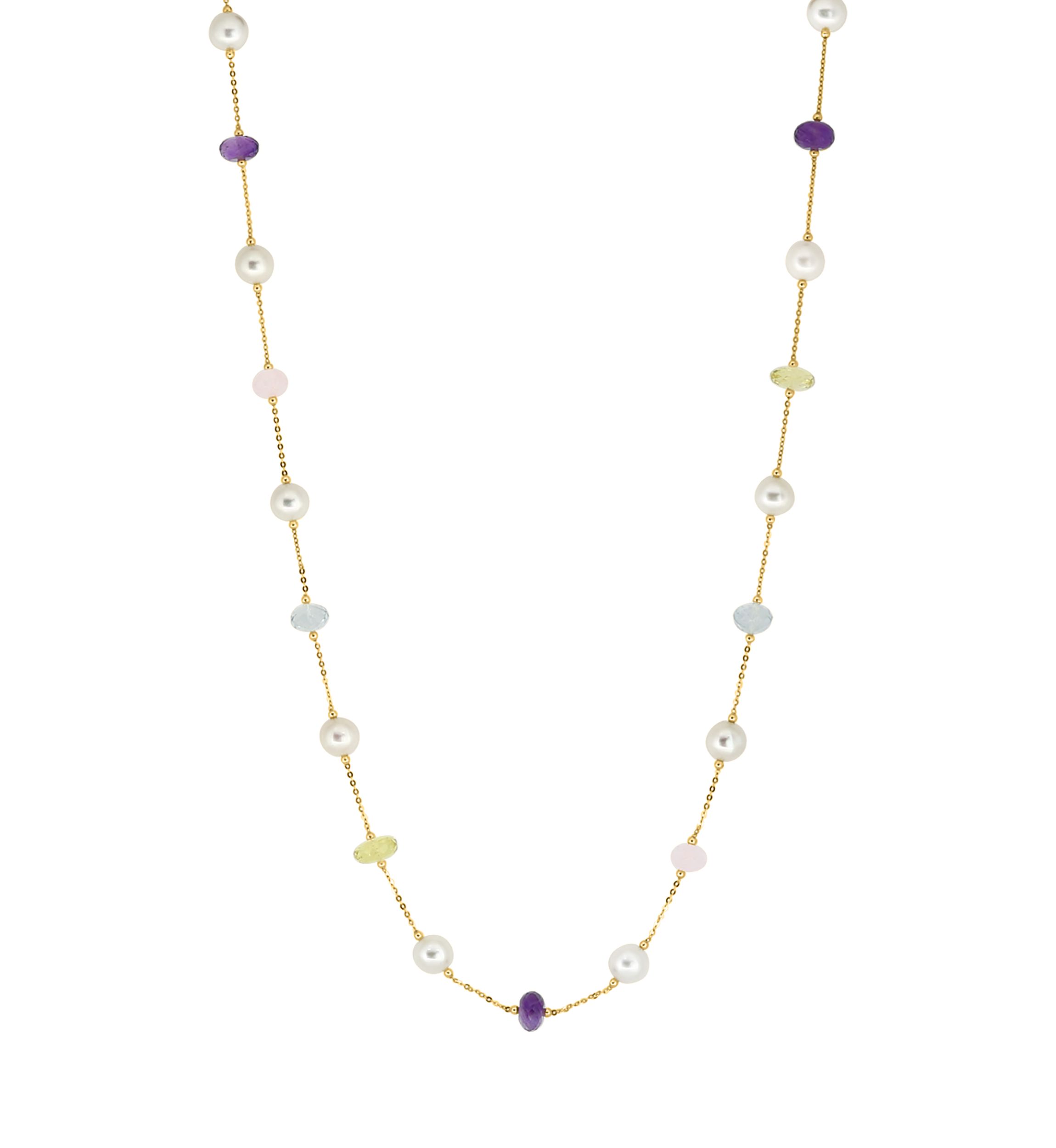 Amethyst, Green Amethyst, Lemon Quartz, Rose Quartz and Freshwater Pearl Necklace in 14K Yellow Gold