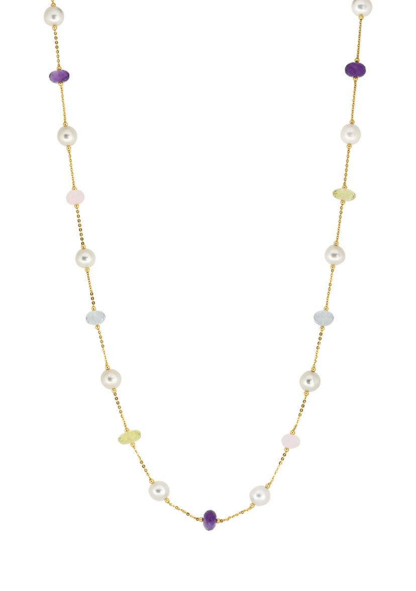 Amethyst, Green Amethyst, Lemon Quartz, Rose Quartz and Freshwater Pearl Necklace in 14K Yellow Gold