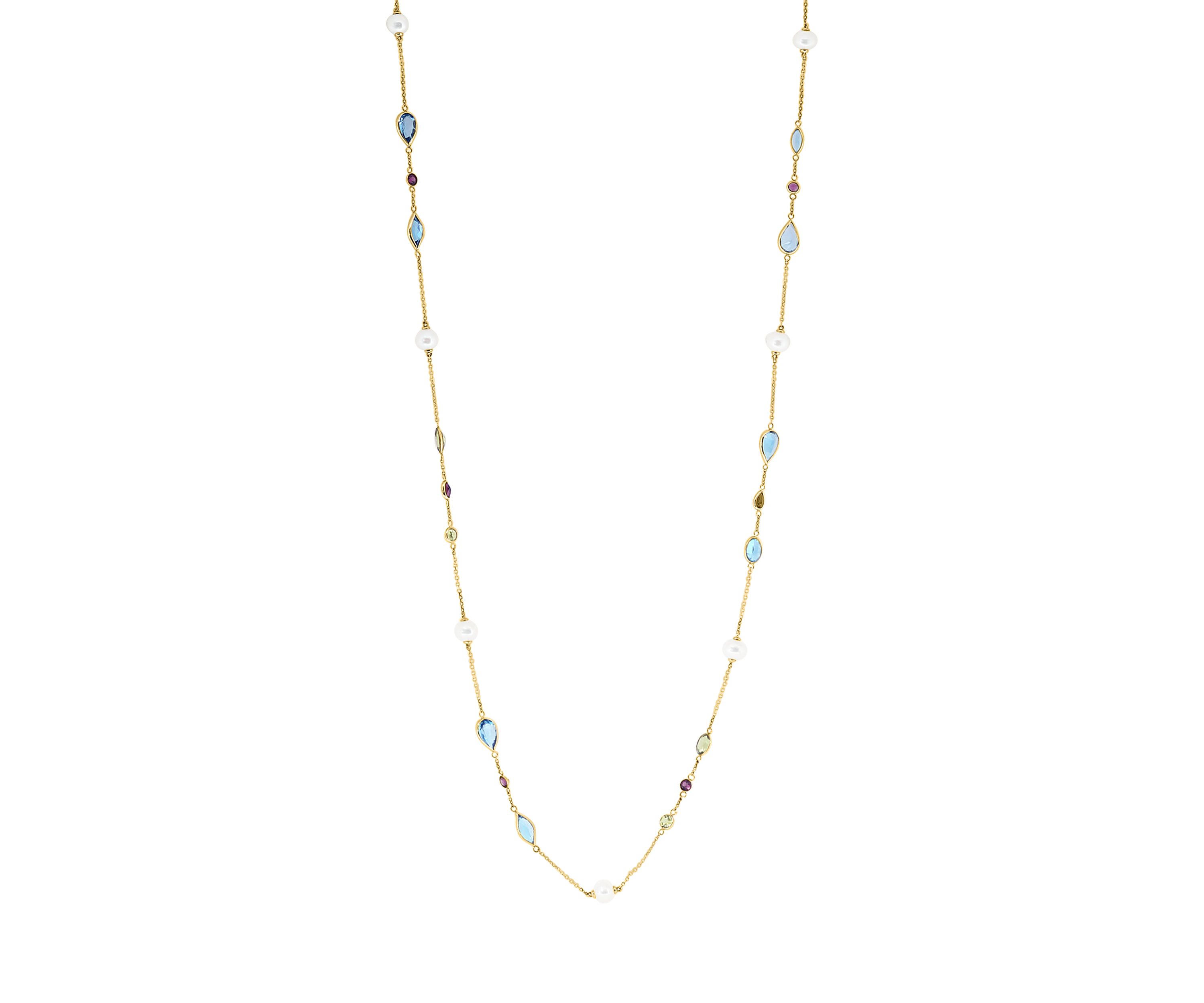 Blue Topaz, Rhodolite, Freshwater Pearl and Peridot Necklace in 14K Yellow Gold