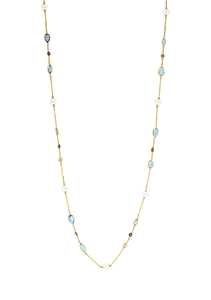 Blue Topaz, Rhodolite, Freshwater Pearl and Peridot Necklace in 14K Yellow Gold