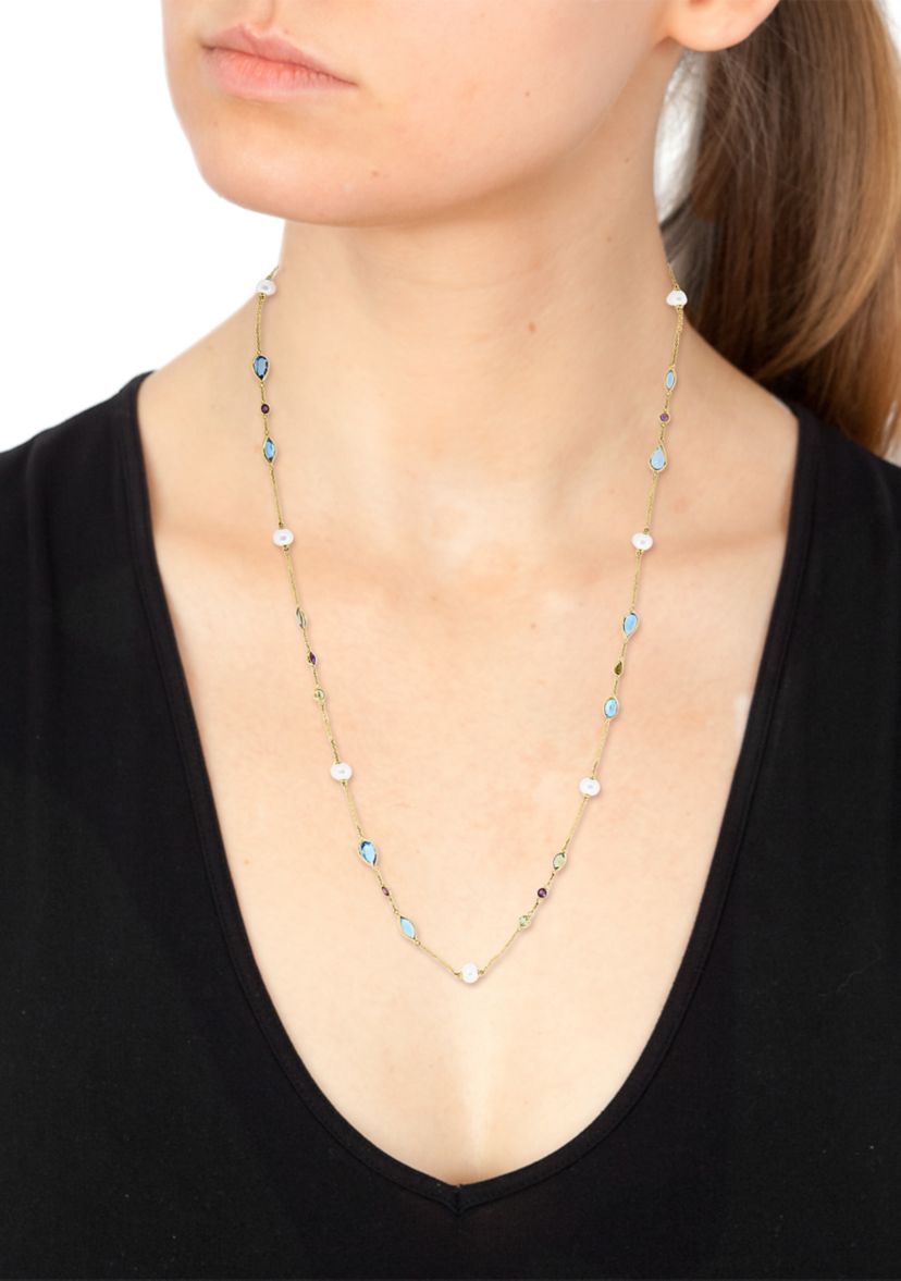 Blue Topaz, Rhodolite, Freshwater Pearl and Peridot Necklace in 14K Yellow Gold