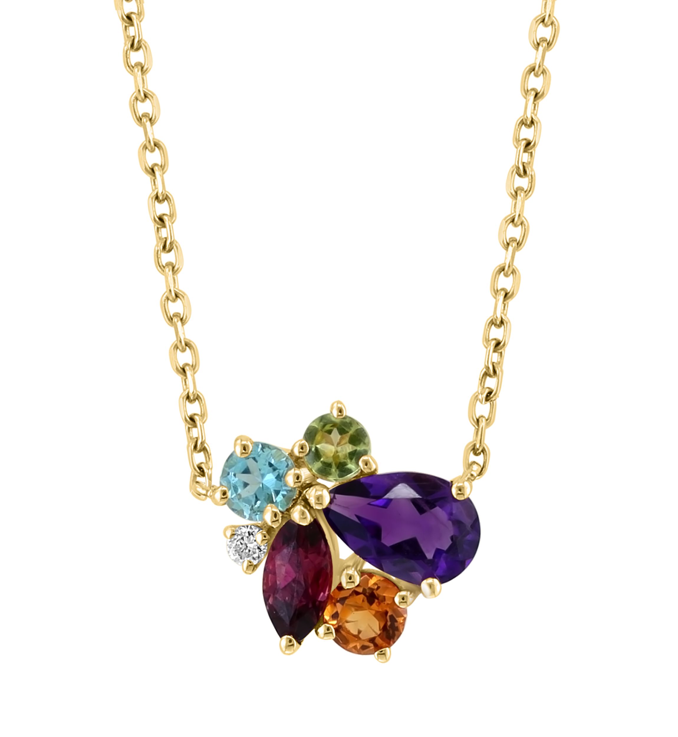 Diamond, Amethyst, Blue Topaz, Citrine, Rhodolite and Peridot Necklace in 14K Yellow Gold