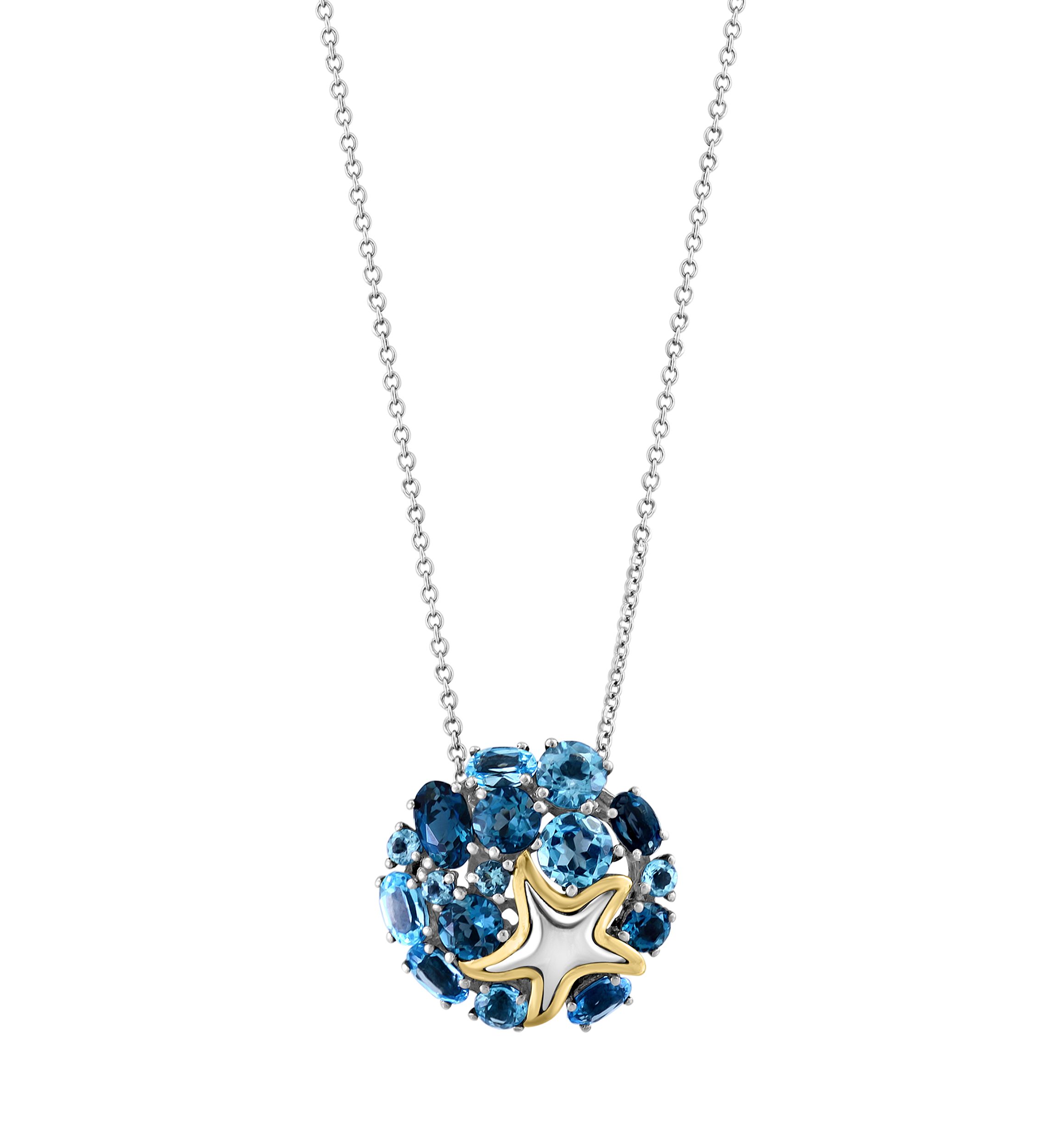 Blue Topaz Starfish Cluster Pendant Necklace in 18K Sterling Silver