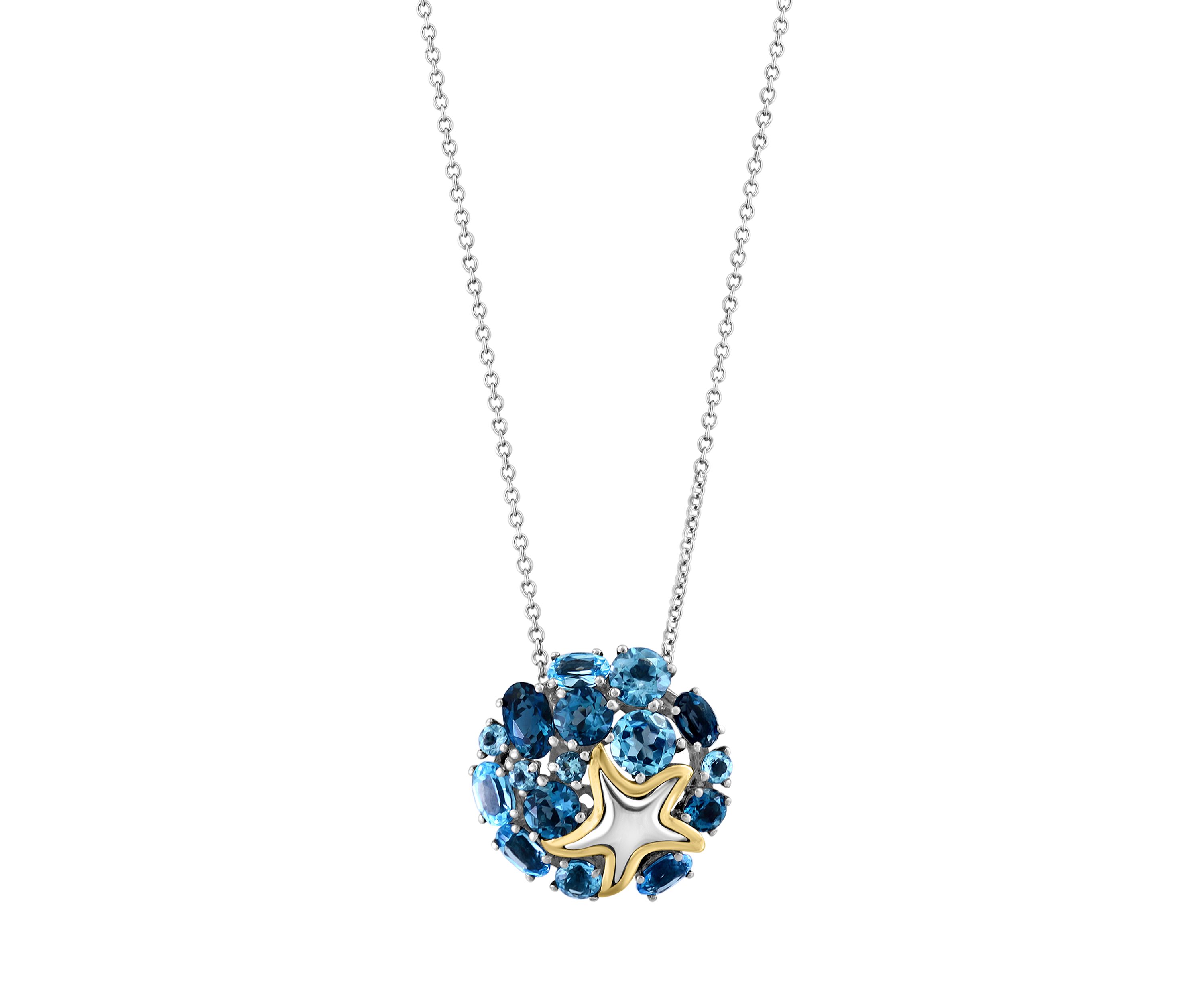 Blue Topaz Starfish Cluster Pendant Necklace in 18K Sterling Silver