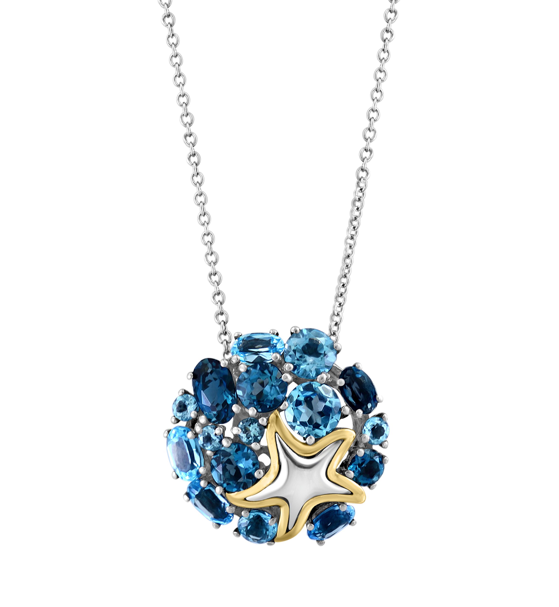 Blue Topaz Starfish Cluster Pendant Necklace in 18K Sterling Silver