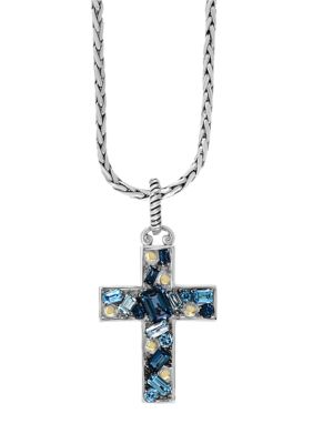 Effy 925 Sterling Silver/18K Yellow Gold 4.11 ct. t.w. Blue Topaz, London Blue Topaz, and Sky Blue Topaz Cross Pendant Necklace, 16 in