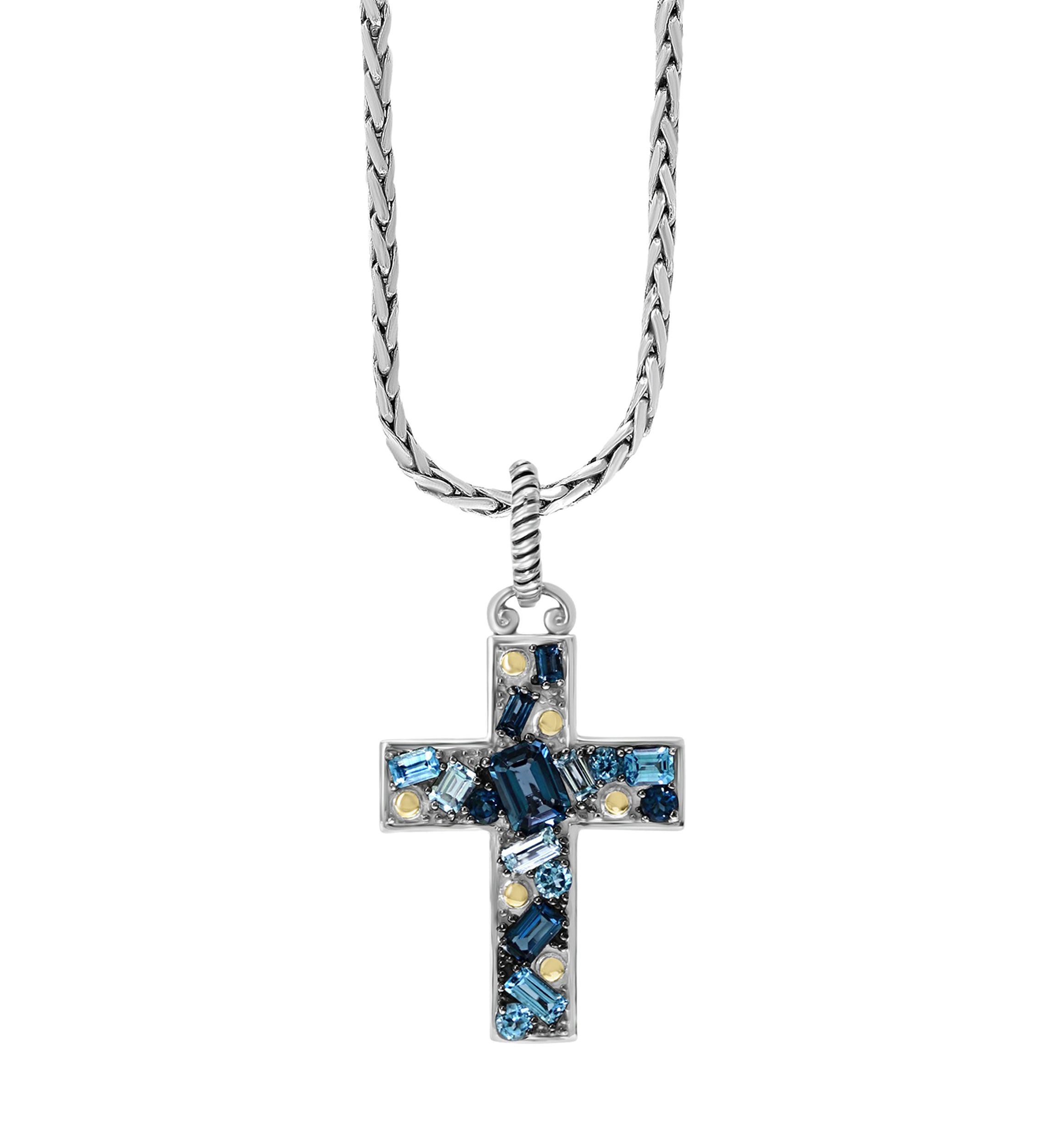 925 Sterling Silver/18K Yellow Gold 4.11 ct. t.w. Blue Topaz, London Blue Topaz, and Sky Blue Topaz Cross Pendant Necklace 