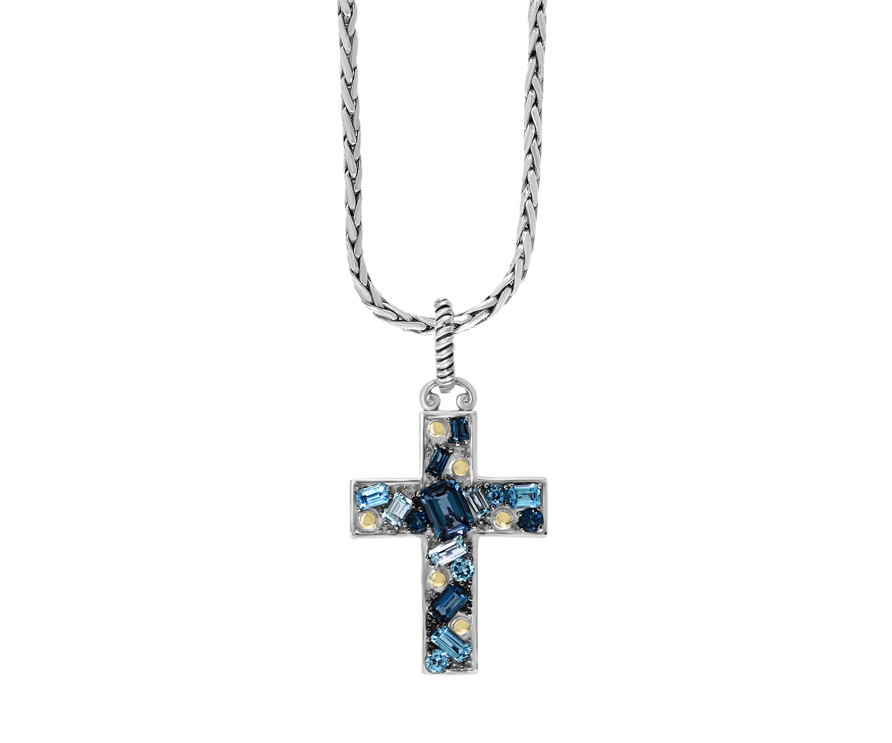 925 Sterling Silver/18K Yellow Gold 4.11 ct. t.w. Blue Topaz, London Blue Topaz, and Sky Blue Topaz Cross Pendant Necklace 