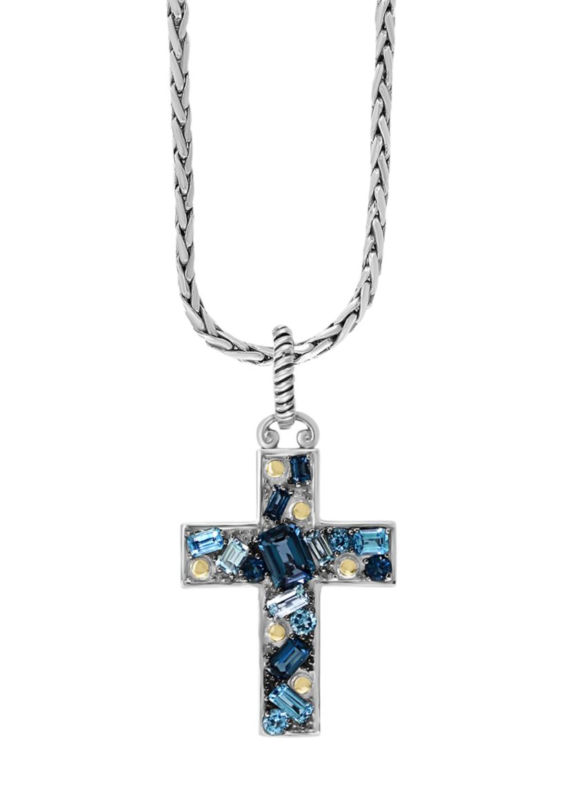 925 Sterling Silver/18K Yellow Gold 4.11 ct. t.w. Blue Topaz, London Blue Topaz, and Sky Blue Topaz Cross Pendant Necklace 
