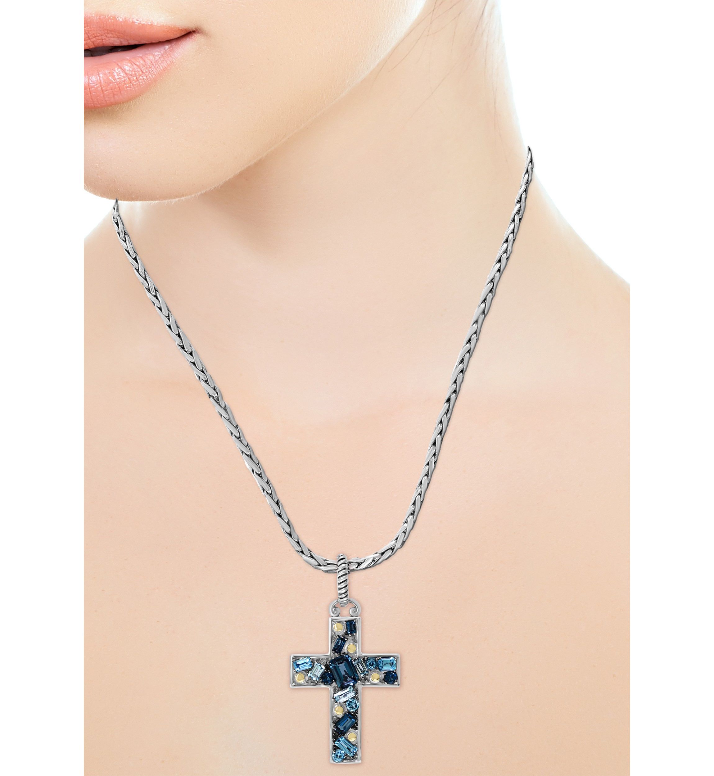 925 Sterling Silver/18K Yellow Gold 4.11 ct. t.w. Blue Topaz, London Blue Topaz, and Sky Blue Topaz Cross Pendant Necklace 
