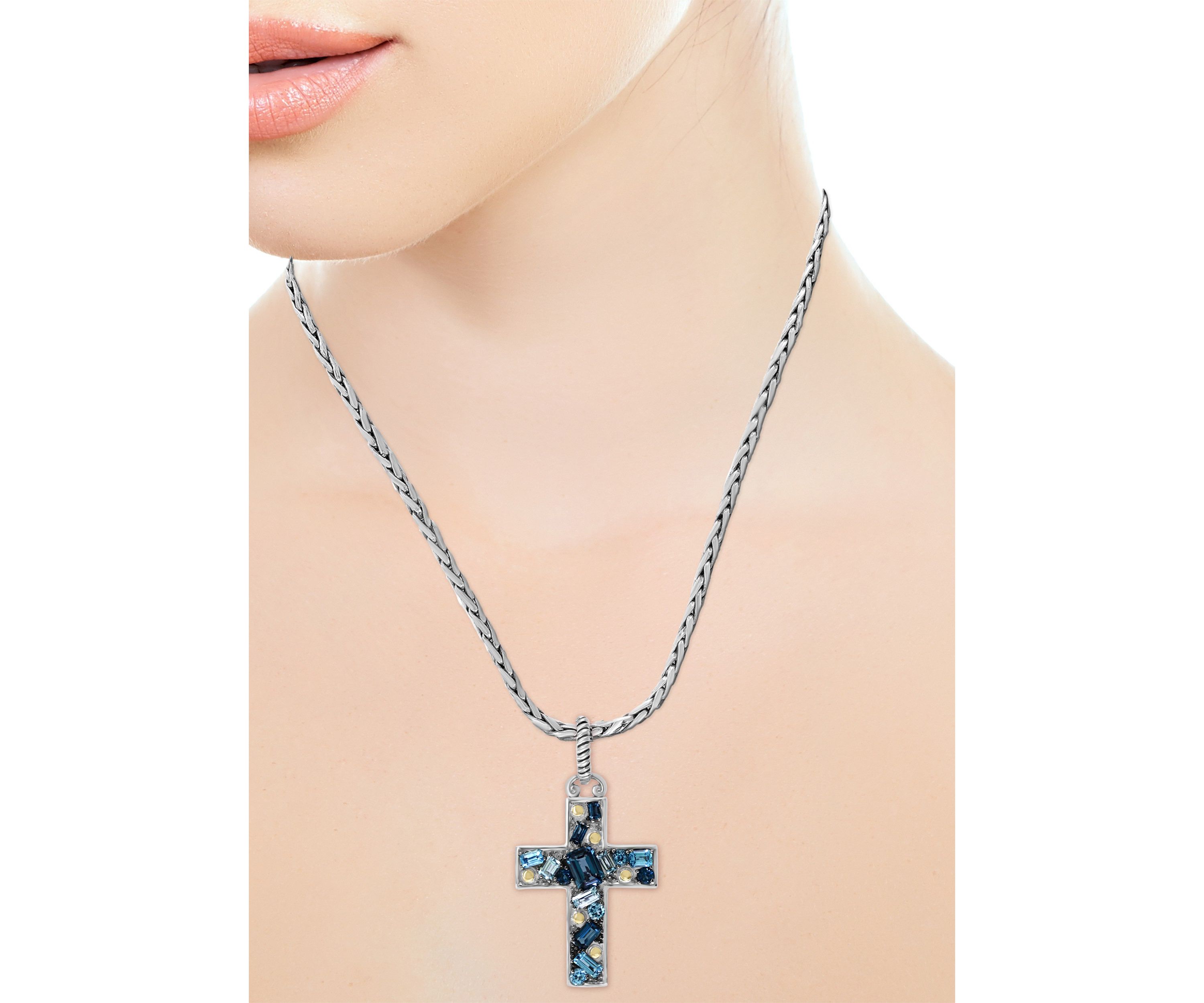 925 Sterling Silver/18K Yellow Gold 4.11 ct. t.w. Blue Topaz, London Blue Topaz, and Sky Blue Topaz Cross Pendant Necklace 