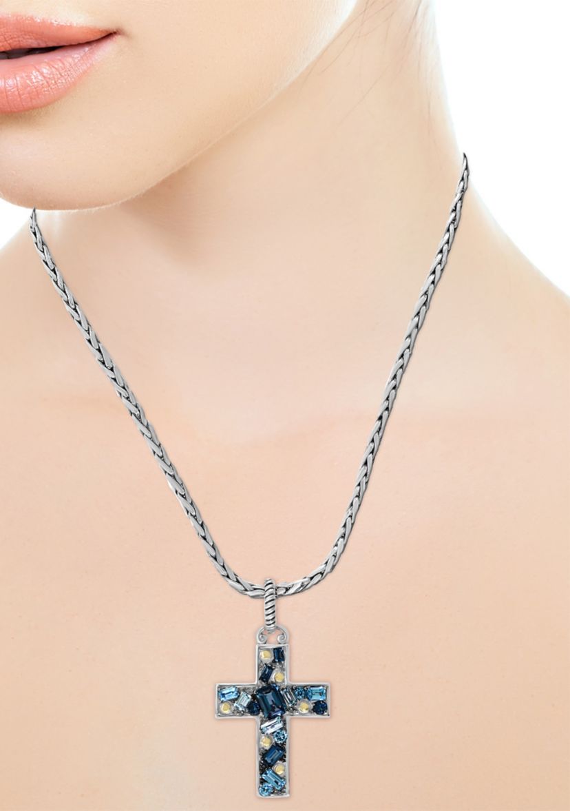 925 Sterling Silver/18K Yellow Gold 4.11 ct. t.w. Blue Topaz, London Blue Topaz, and Sky Blue Topaz Cross Pendant Necklace 
